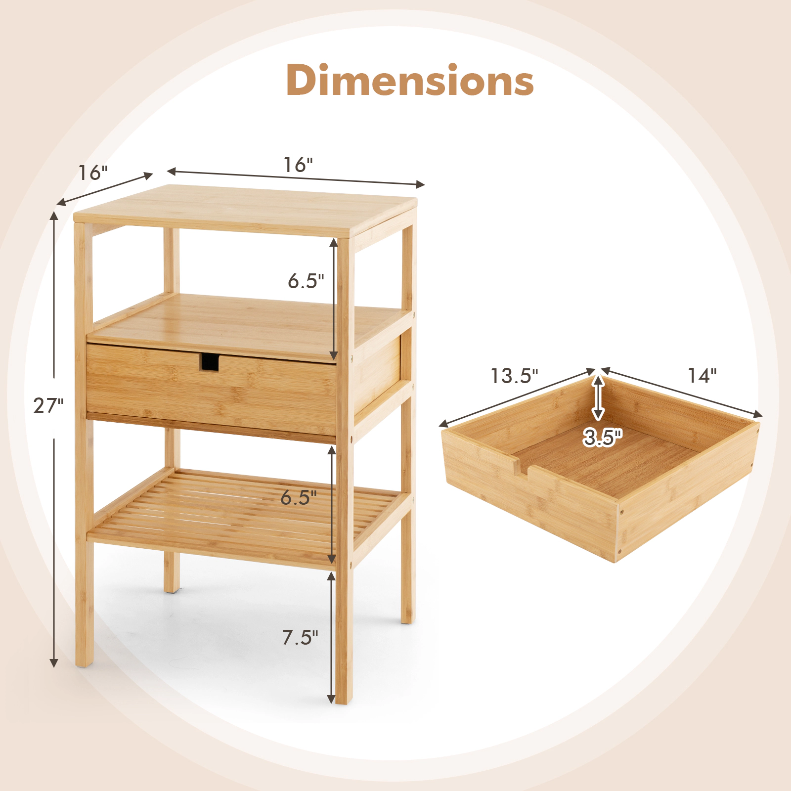 Hivvago Compact Bamboo Bedside Cabinet with Drawer and Two Open Compartments