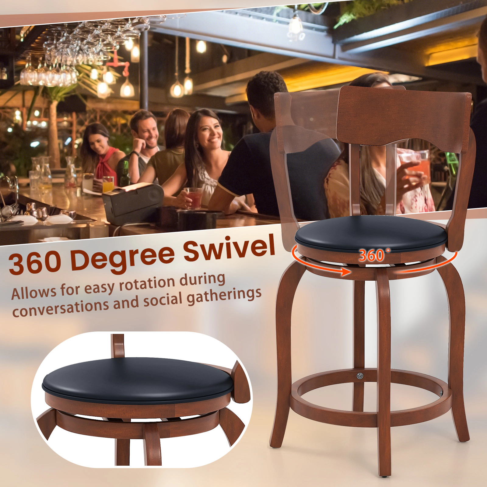 SUGIFT 360° Swivel Counter-Height Bar Stools 286-lb Capacity 24-in Seat Brown + Black