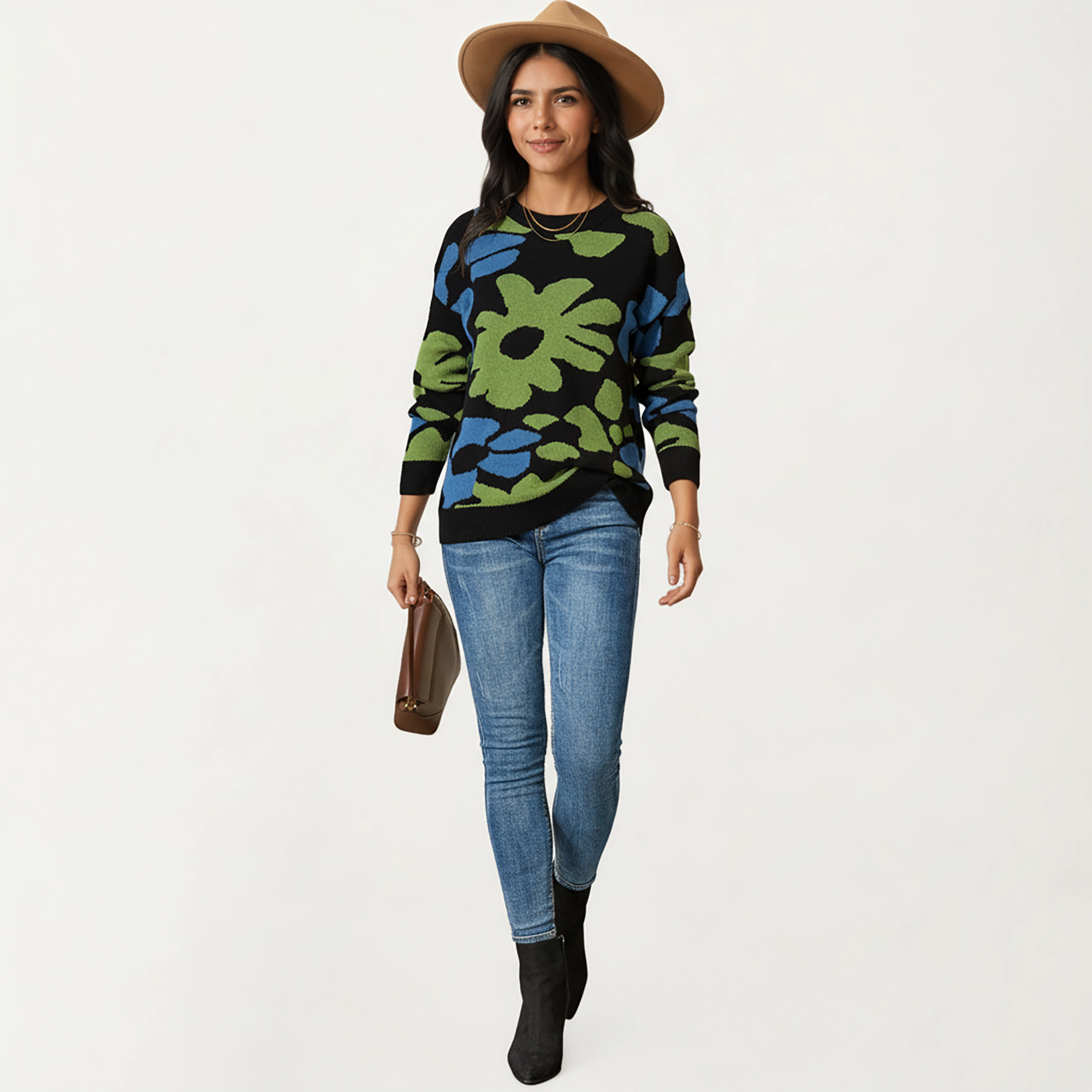 Anna-Kaci Women's Bold Floral Pattern Knit Sweater with Soft Textured Feel, Long Sleeves and Comfortable Relaxed Fit