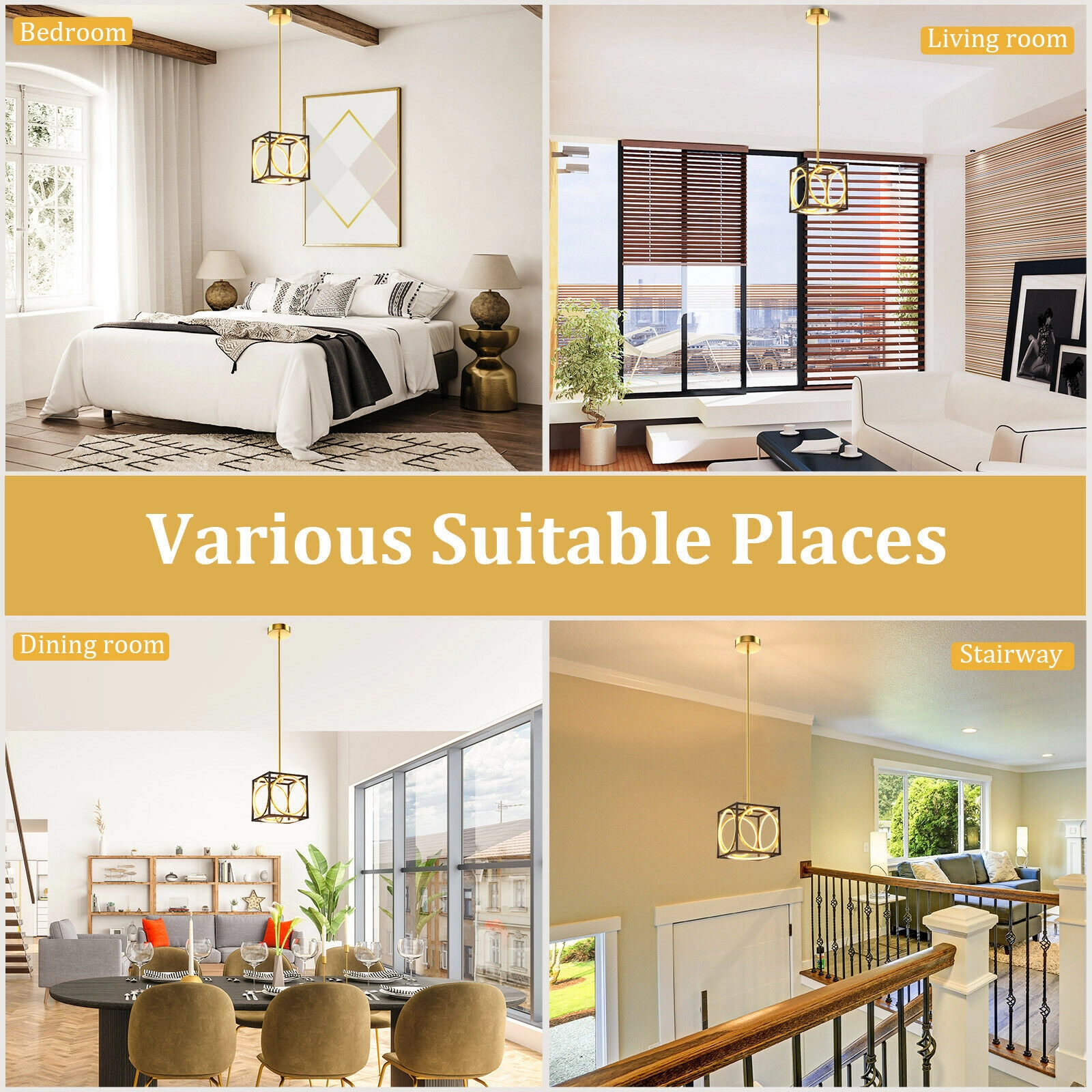 SUGIFT 42-in Adjustable Rod Dimmable 3000K Warm White LED Cube Pendant Light Fixture 10-in x 10-in 20W Golden
