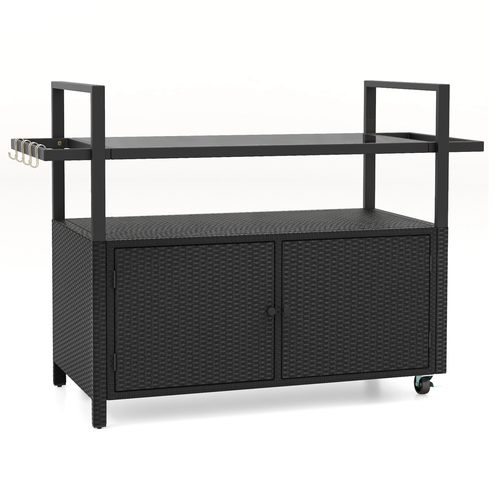 SUGIFT Outdoor Wicker Buffet Serving Bar Cart 2-Door Cabinet 8 Hooks 100-lb Capacity 51 x 19.5 x 35.5-in Black