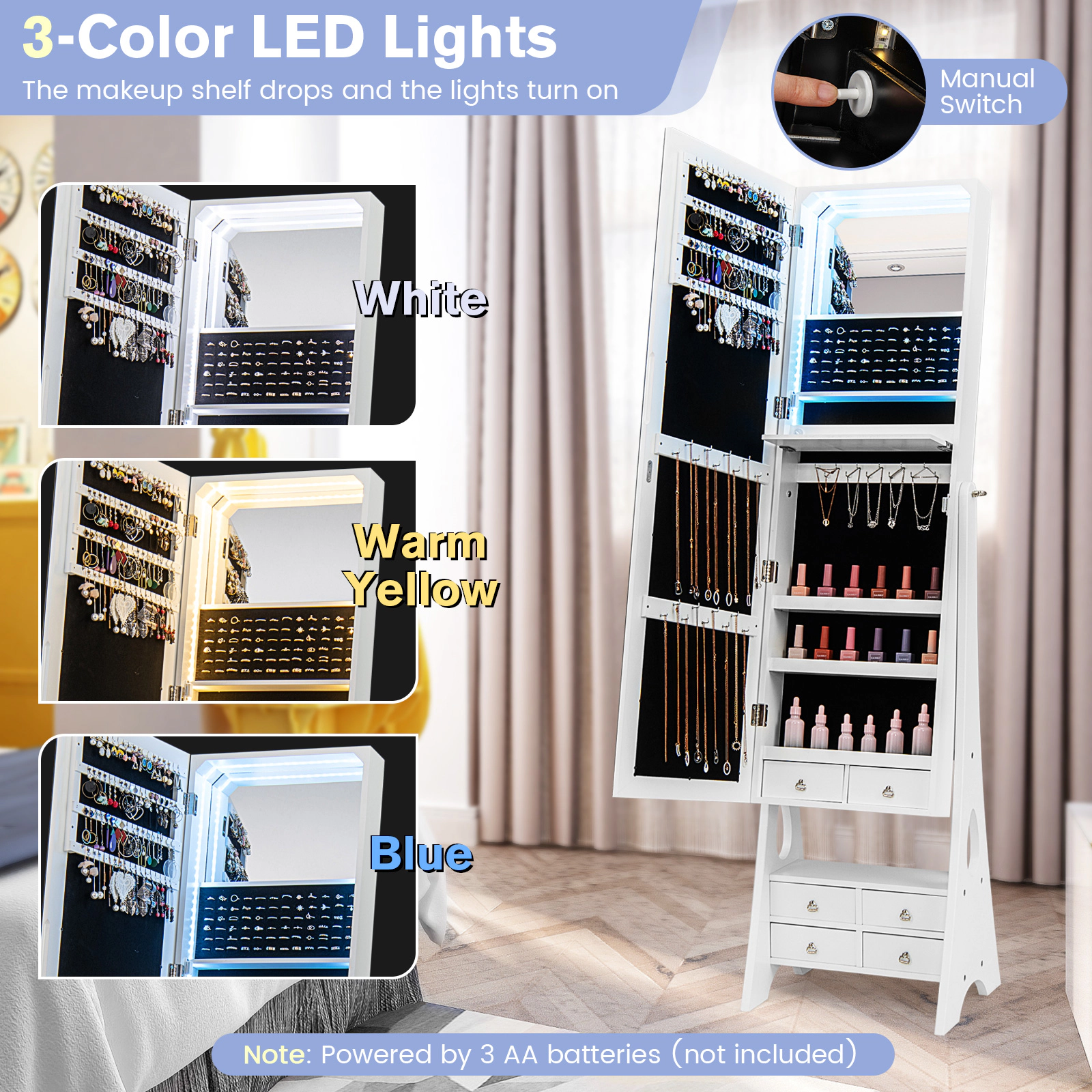 SlickBlue Jewelry Armoire with Full-Length Mirror and Drawers