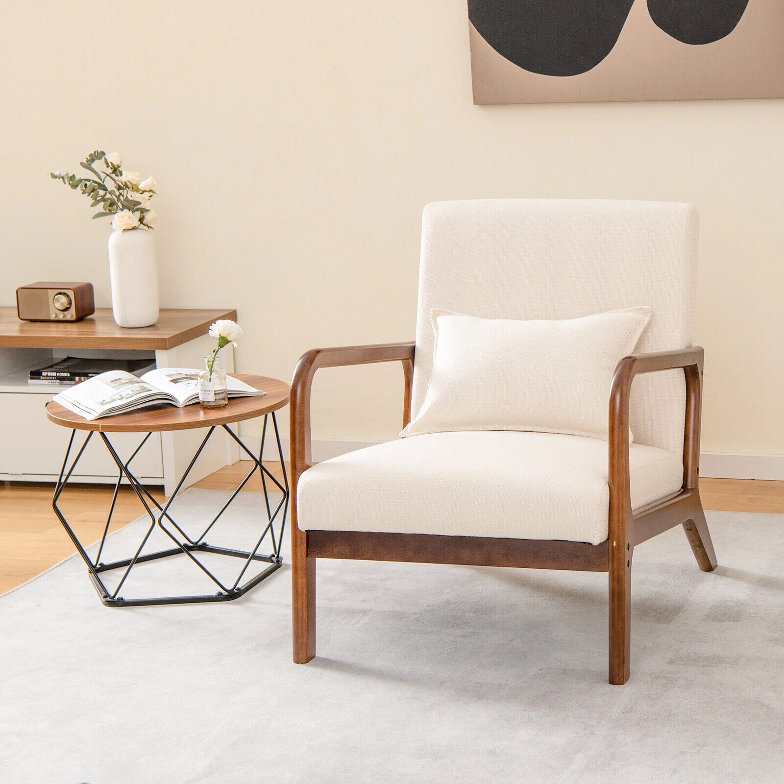 SUGIFT Beige 330-lb Capacity Faux Linen Modern Accent Chair with Rubber Wood Frame Armrests and Lumbar Pillow