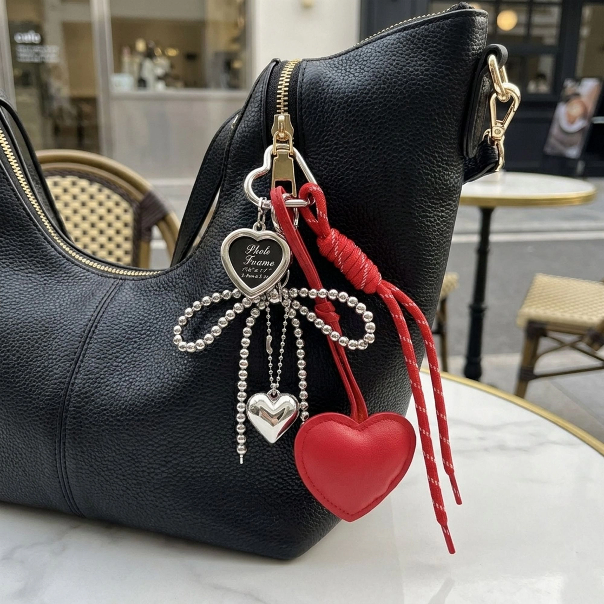 Alilang Women's Heart Bag Charm Keychain with Beaded Bow Accent Clip and Faux Leather Pendant, Red