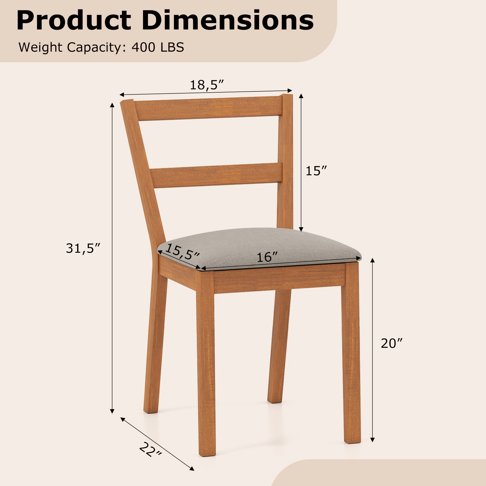 LJG Wooden Dining Chair Set of 2 Farmhouse Kitchen Chair with Upholstered Seat