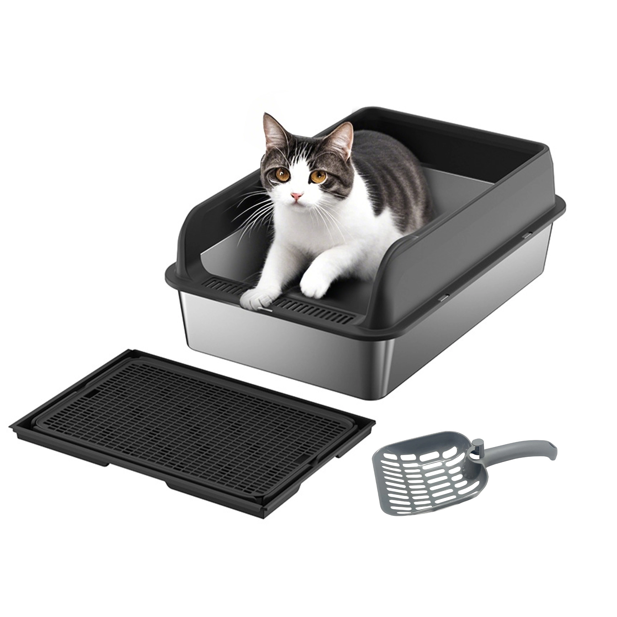 XL Top-Entry Stainless-Steel Cat Litter Box, Anti-Tracking Pan with Mat 60x40x30cm, Black