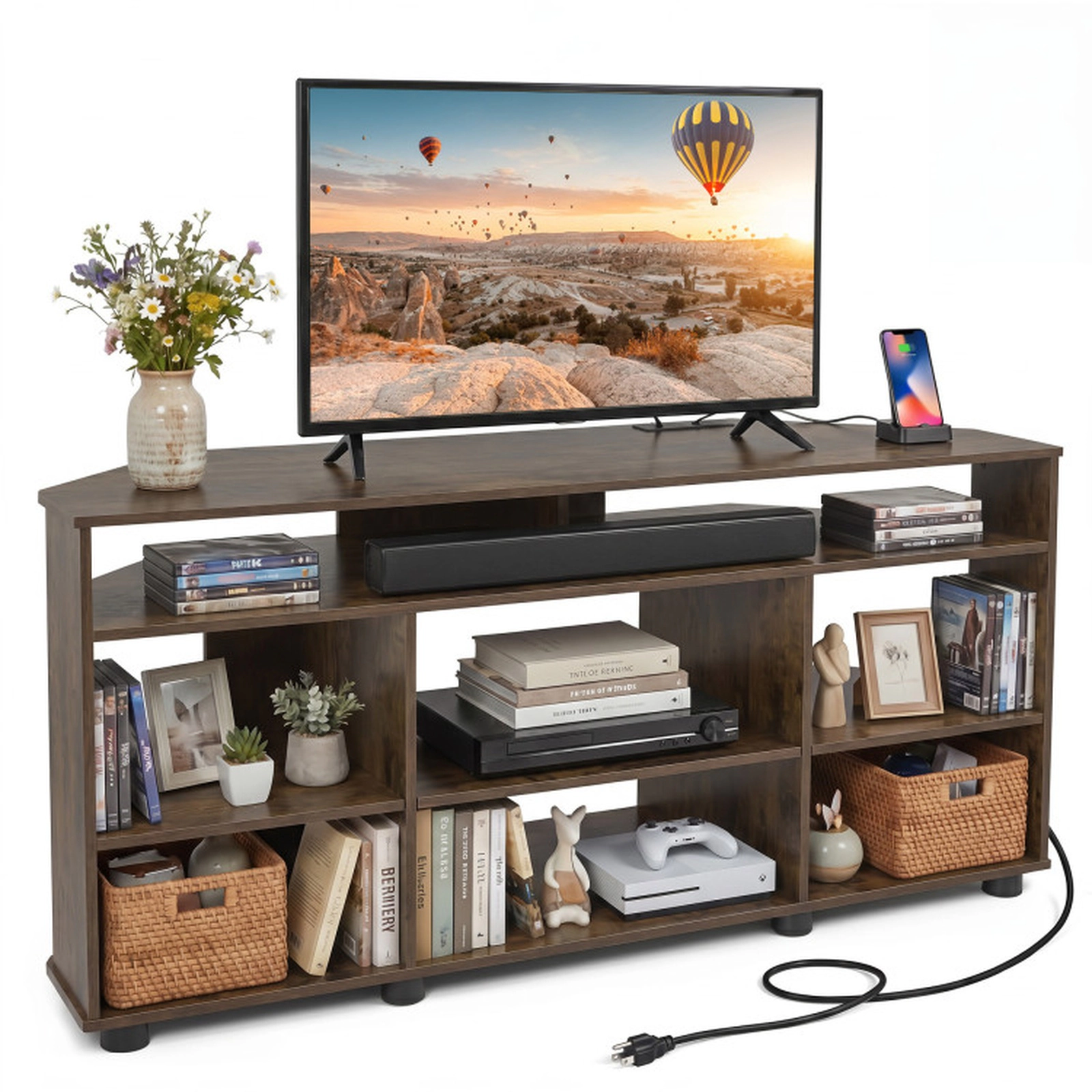 SUGIFT Corner TV Stand for TVs up to 55 in, Charging Station and Adjustable Open Shelves