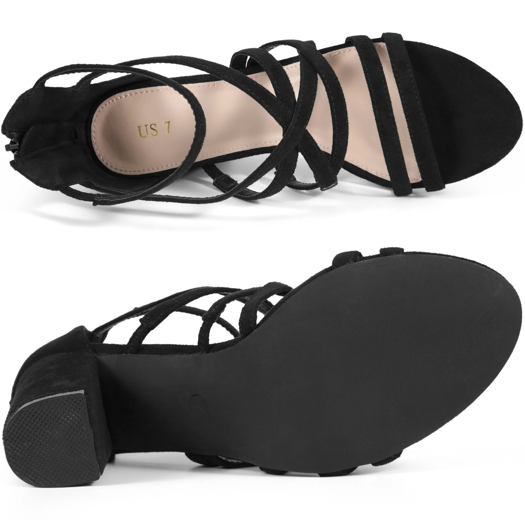 BLISSFUL STEP Women's Strappy Gladiator Chunky Heel Back Zip Sandals