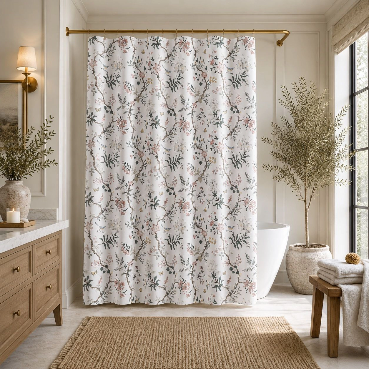 Kate Aurora Botanical Gardens & Birds Chic Fabric Shower Curtain