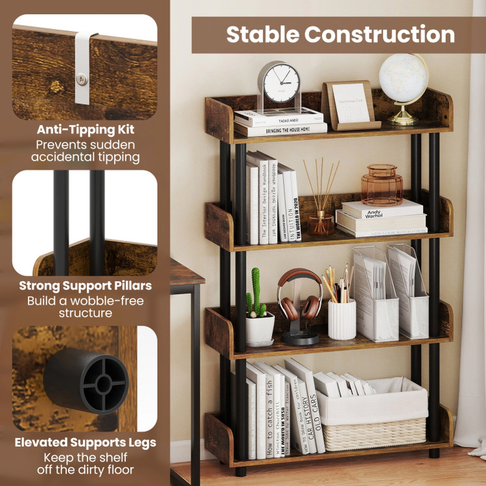 SUGIFT 4-Tier Open Bookshelf with Guardrails and Anti-Tipping Kit Bookcase 33-lb Per Shelf Capacity Rustic Brown & Black