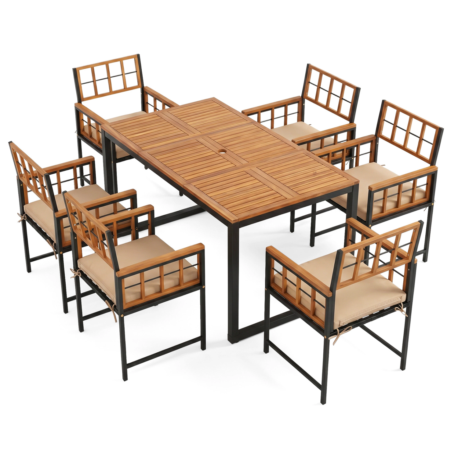 LJG 7-Piece Outdoor Dining Set with Acacia Wood Table & Chairs and Umbrella Hole
