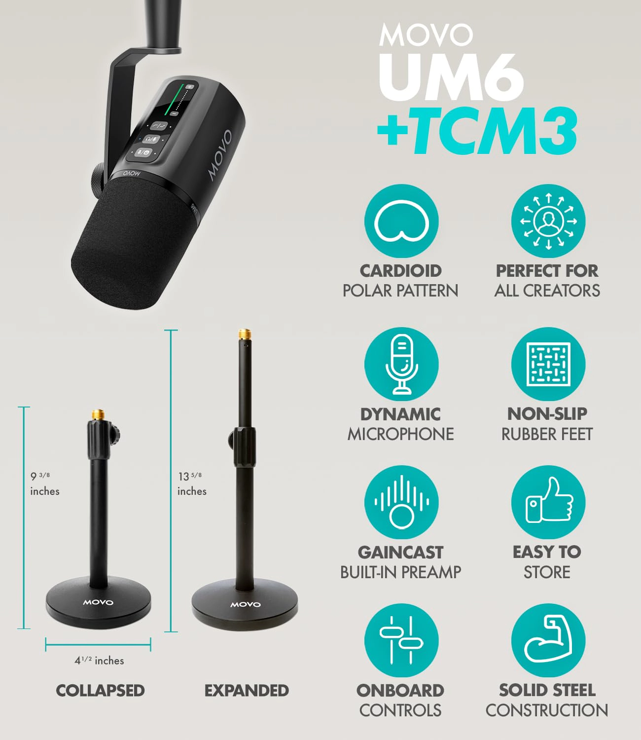 Movo Podcast Equipment Bundle for iPhone Android with Audio Interface 2 Dynamic Mics 2 Headphones and Table Stands