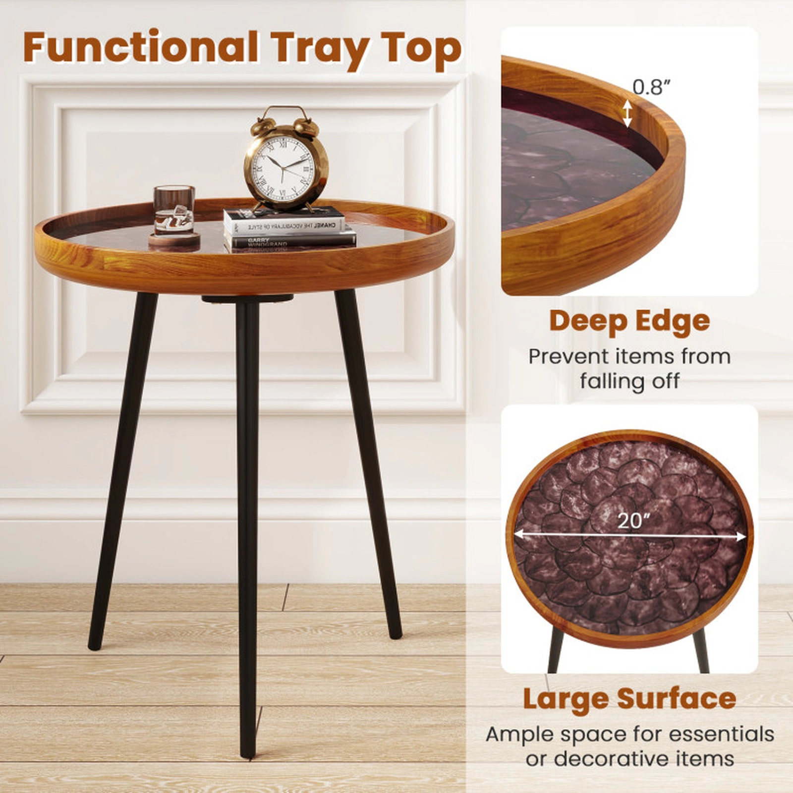 SUGIFT 20-in Round Handmade Sea Shell End Table with Epoxy Resin Tray Top and Mahogany Wood Legs