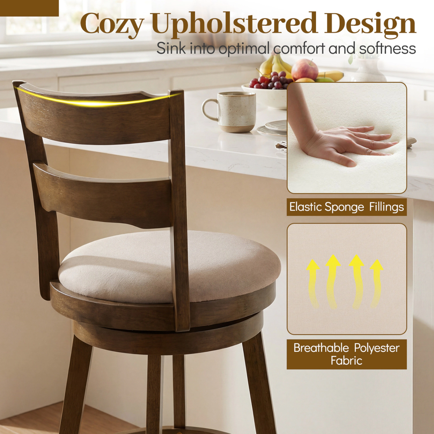 Glintex 2-Piece 30.5-Inch Swivel Bar Stool Set with 350-Lb Capacity, Ash Wood + Sand