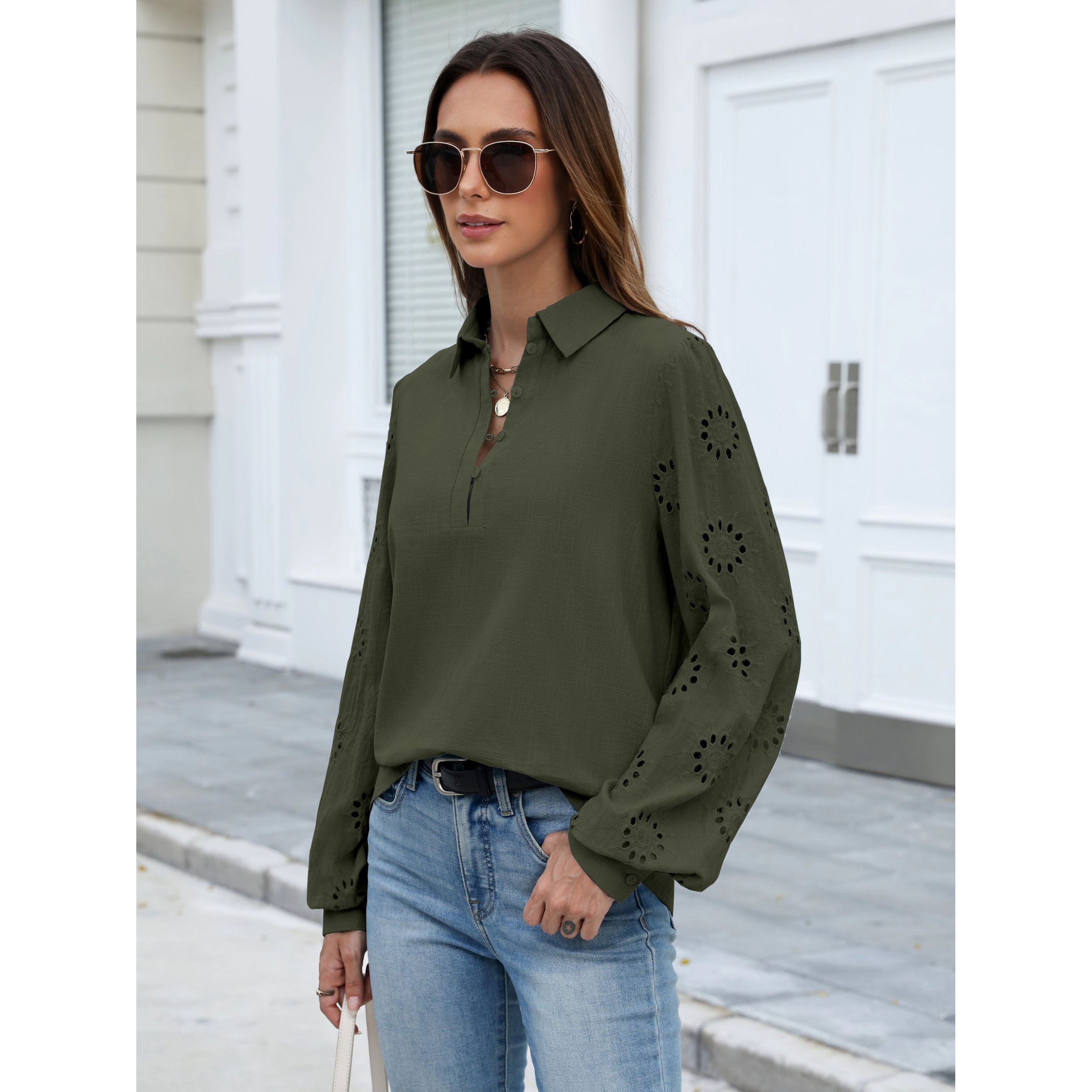 Zeagoo Women's Collared Eyelet Embroidery Sleeve Half Button Long Woven Pullover Shirt