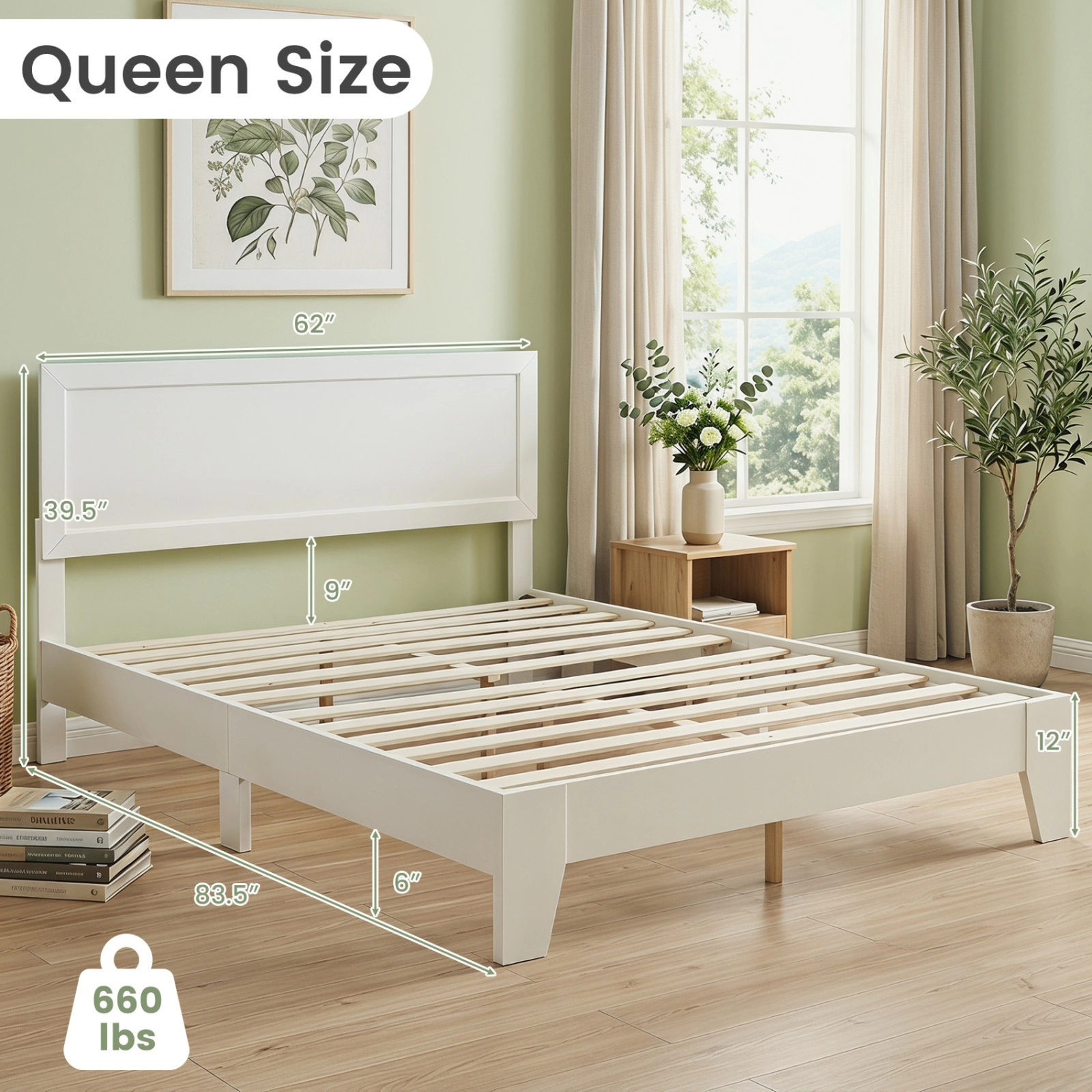 Queen Size Modern Wood Platform Bed Frame with Mid-Century Headboard Tapered Legs Wooden Slat Support White