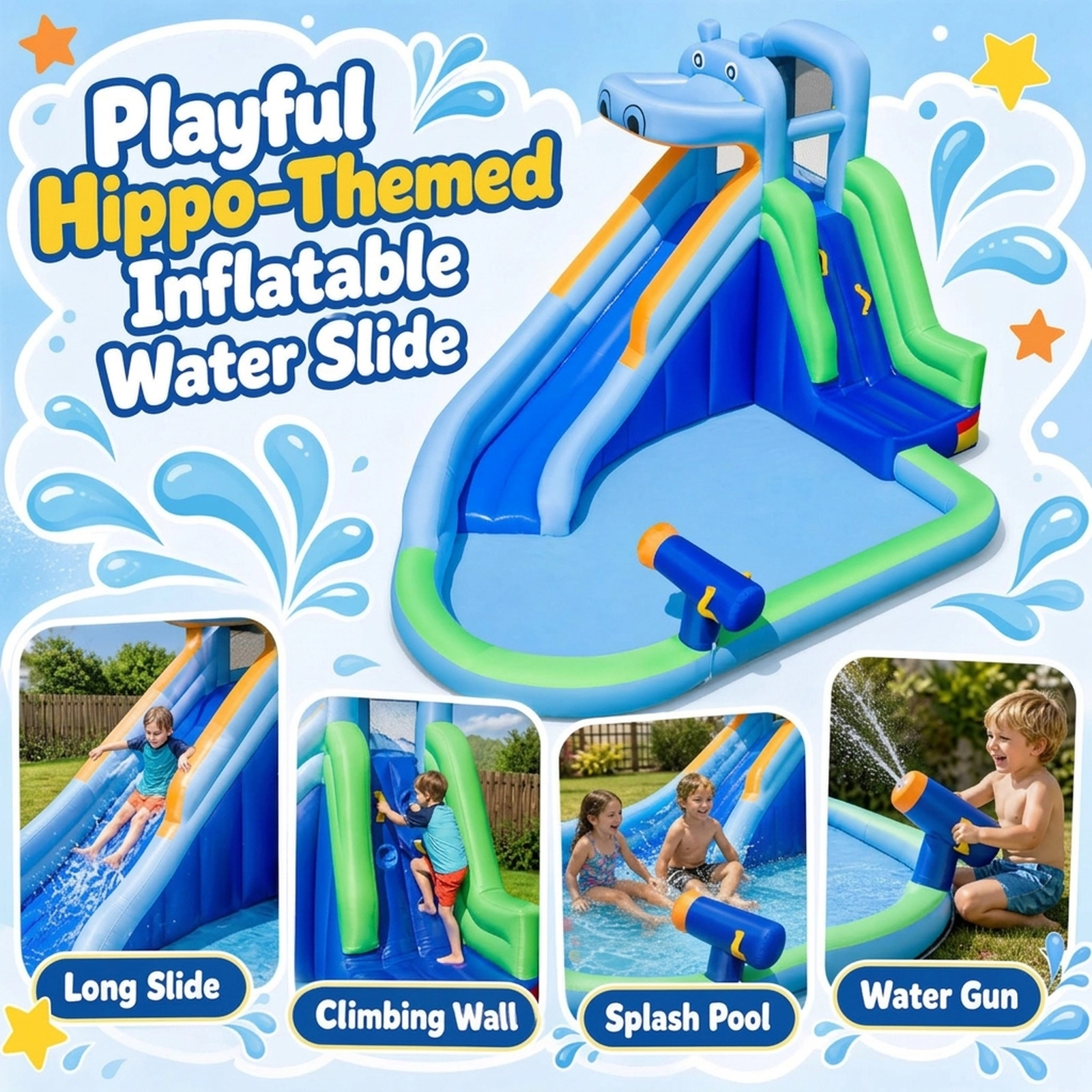 SUGIFT Hippo-Themed Inflatable Water Slide with Climbing Wall and 680W Blower 100-lb Capacity Ages 3-12 Multicolor