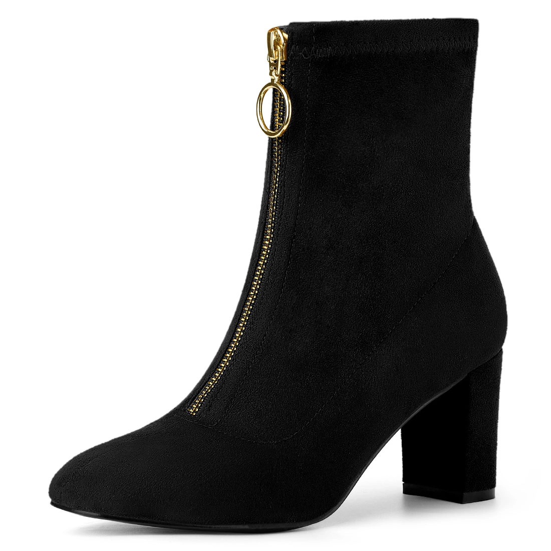 BLISSFUL STEP Women Faux Suede Front Zipper Chunky High Heel Ankle Boots