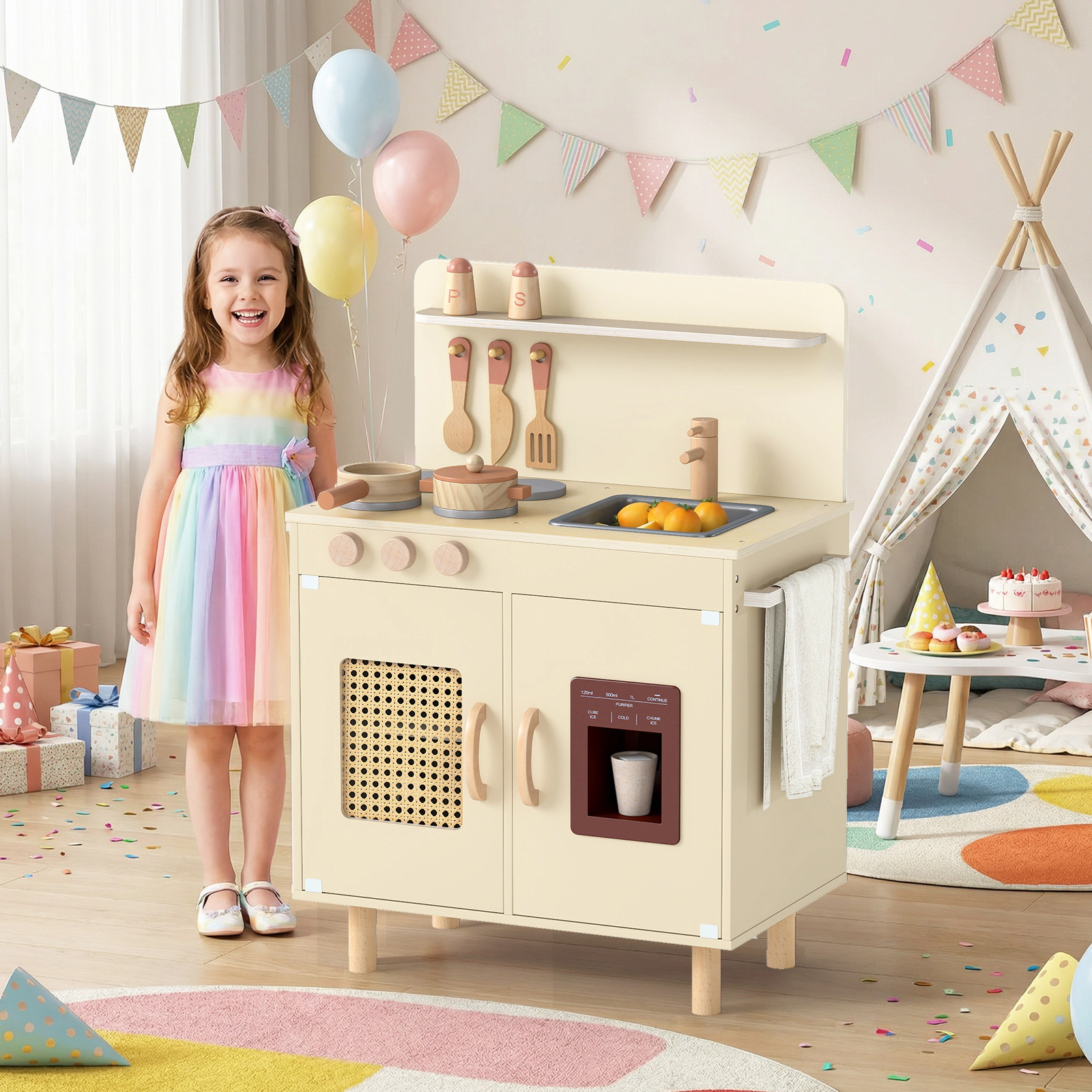 Wooden Play Kitchen Working Ice Maker Detachable Shelf 20.5-in Kids Kitchen Playset Spice Rack Ages 3+ Yellow