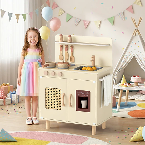 LJG Kids Wooden Pretend Kitchen Playset with Realistic Ice Maker