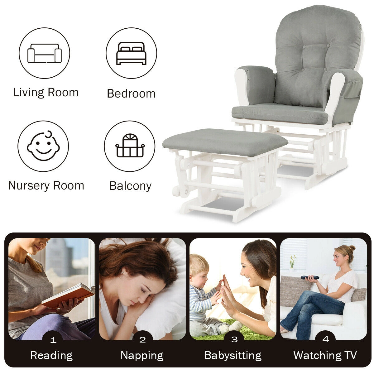 SUGIFT Padded Armrests and Detachable Cushions Wood Glider and Ottoman Set