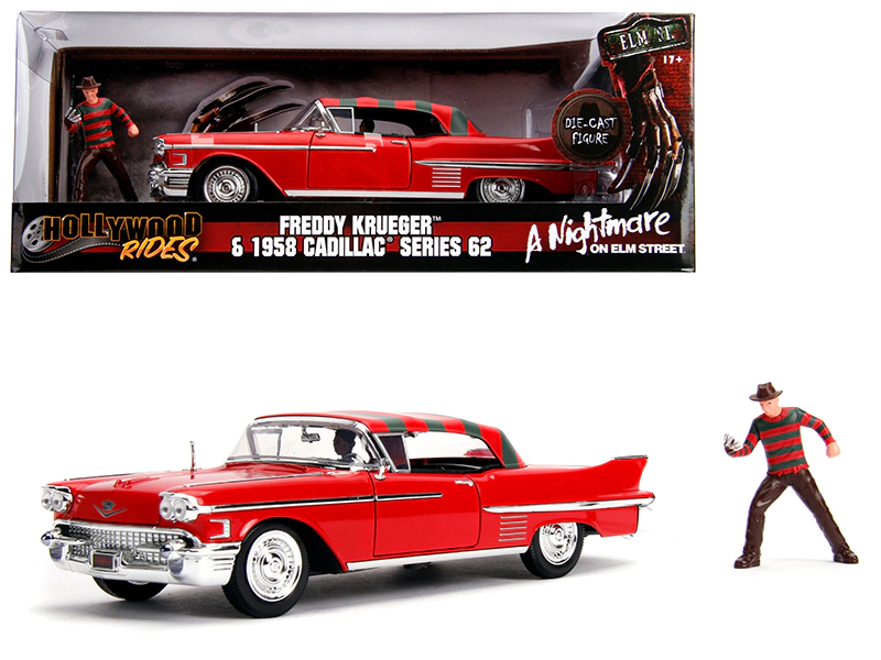 Jada 1958 Cadillac Series 62 Red with Freddy Krueger Diecast Figurine "A Nightmare on Elm Street" Movie 1/24