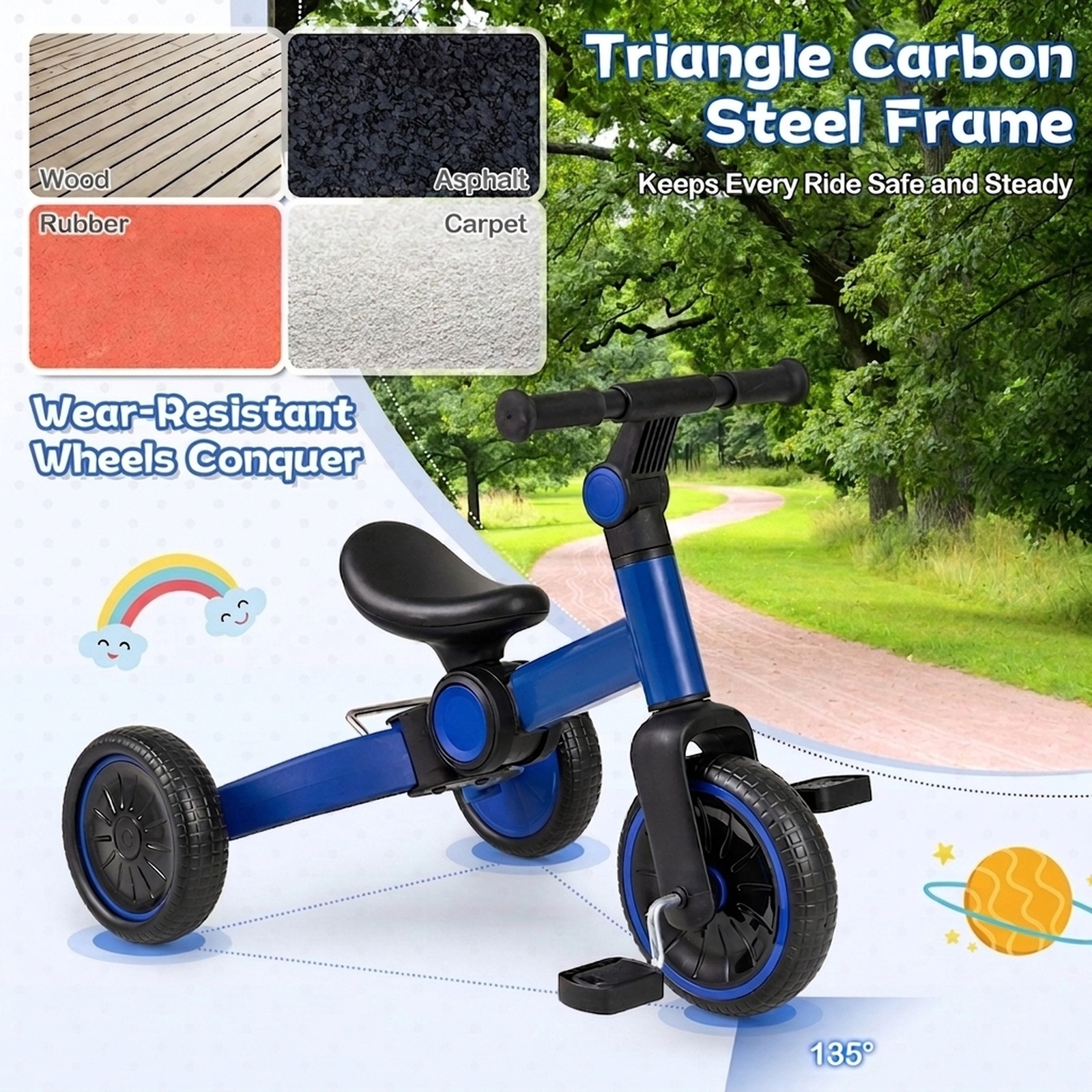 Toddler Bike 5-in-1 Convertible Trike to Balance Detachable Pedals Anti-Slip Grips 8.5-lb Folding Frame Ages 2-4 Blue
