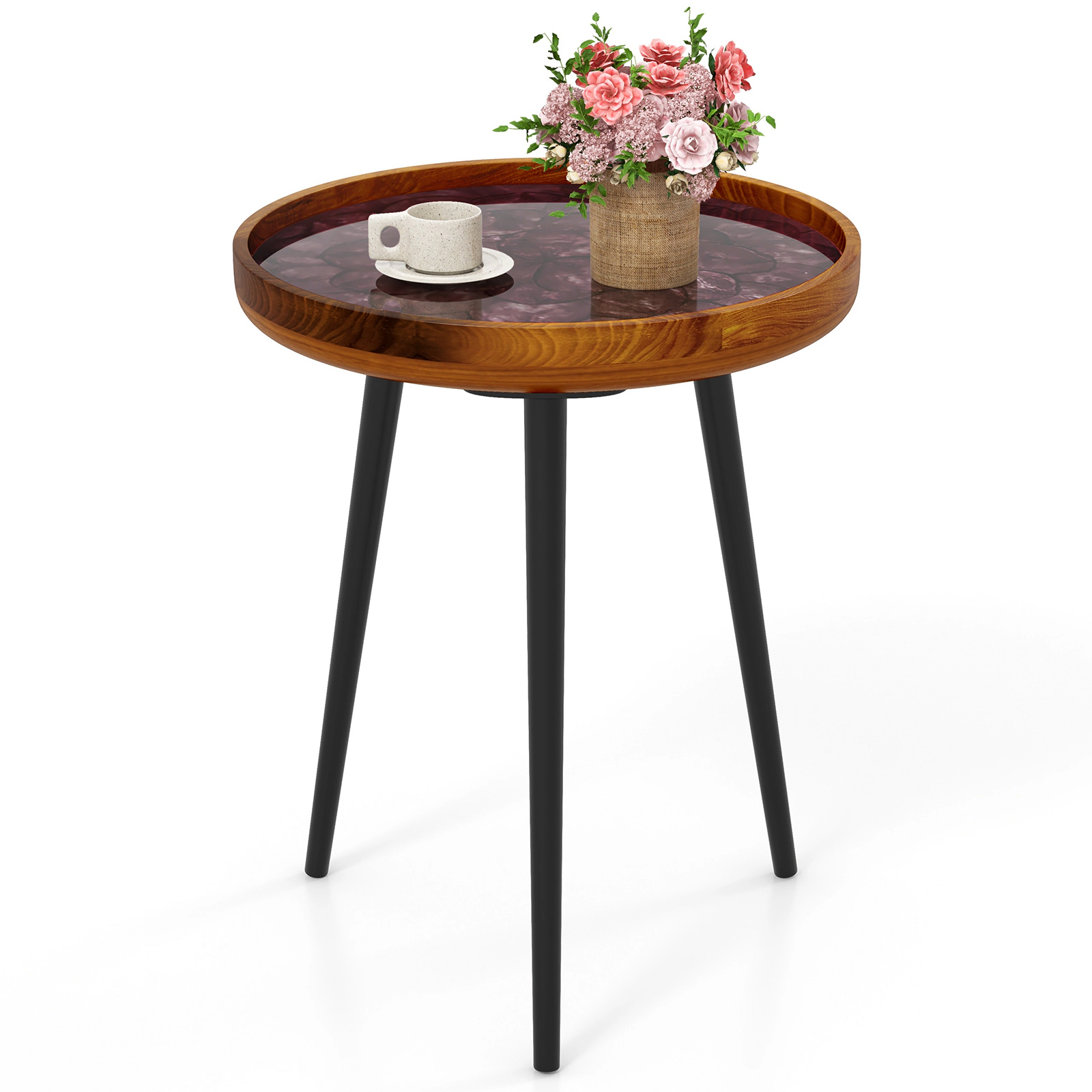Glintex 16-Inch Round Sea Shell End Table with Teak Wood Top and Epoxy Resin Finish, Green