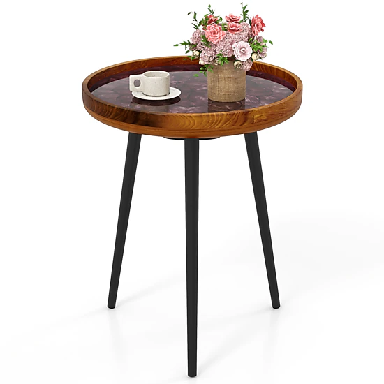 Glintex 16-Inch Round Sea Shell End Table with Teak Wood Top and Epoxy Resin Finish, Green