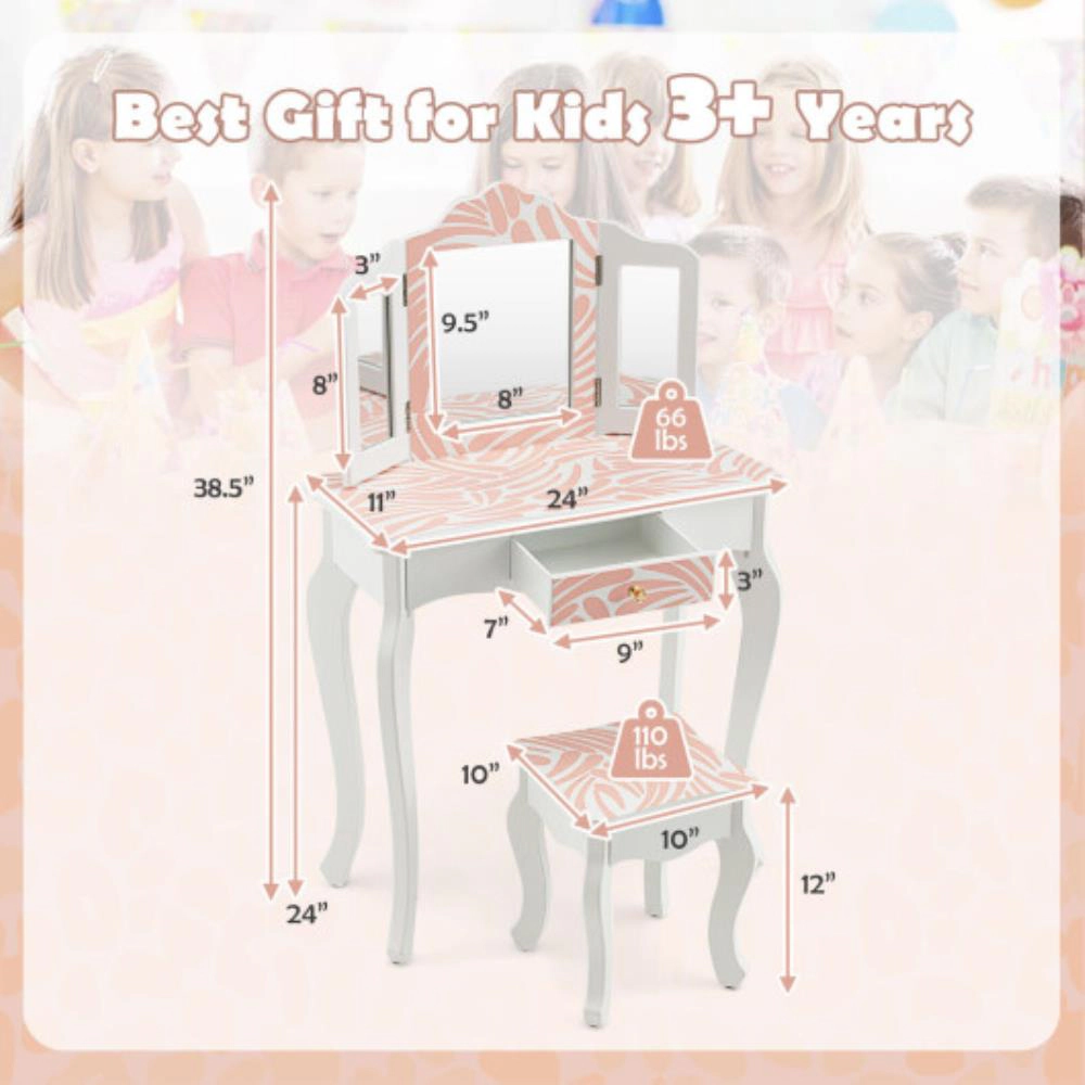 Hivvago 2-In-1 Kids Vanity Table Set With Tri-Folding Mirror-Pink