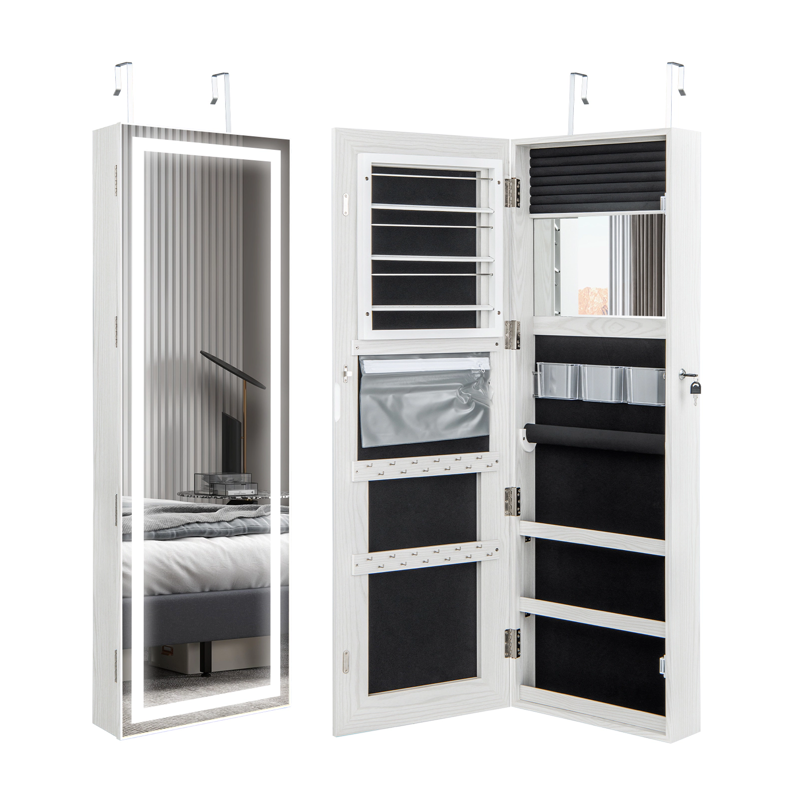 SUGIFT 47-in White Wall Mounted Jewelry Armoire Mirror Cabinet with 2 Internal LED Lights 15.5-in W