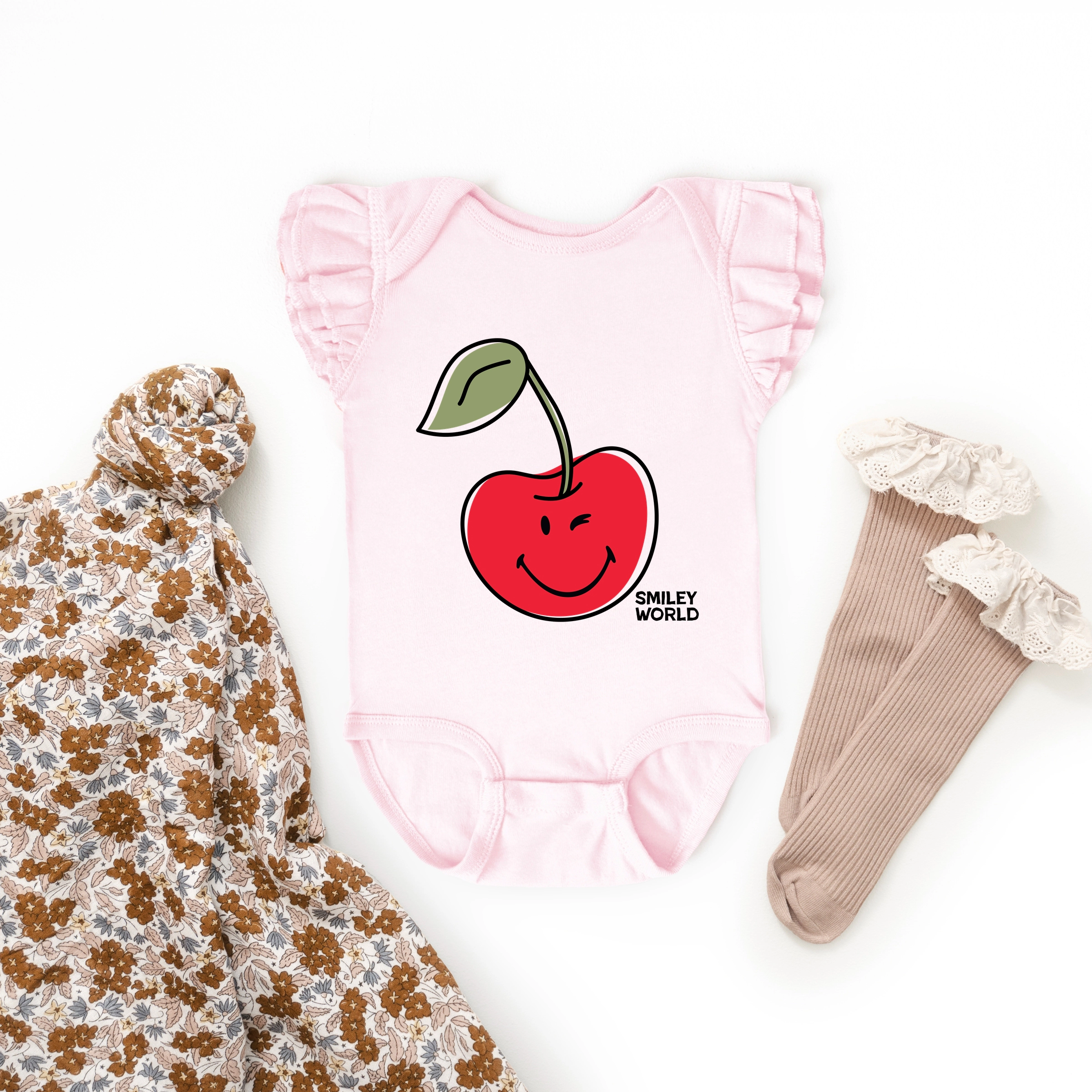 The Juniper Shop - Infant Girl's Flutter Sleeve Bodysuit SmileyWorld Winky Cherry