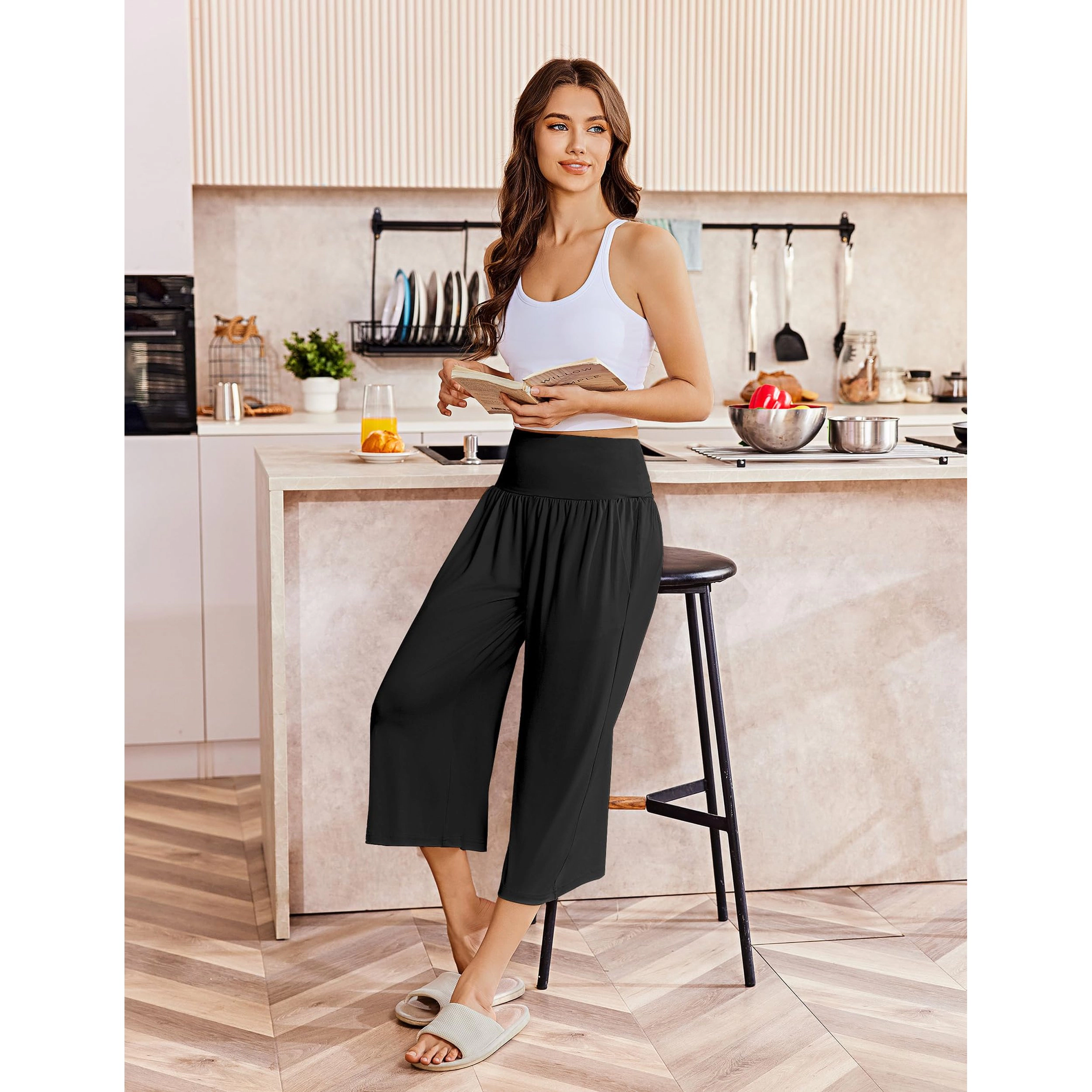 Ekouaer Womens Pajama Pants Wide Leg Capri Yoga Lounge Comfy Sleep Pj Bottoms with Pockets