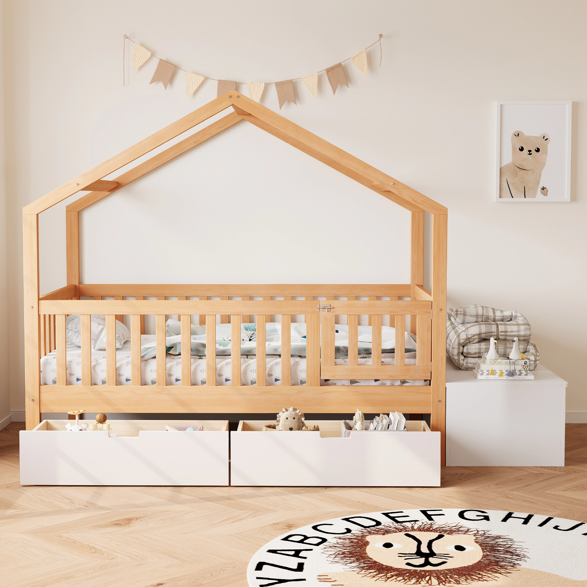 Flynama Toddler Playhouse Bed with Storage, Safety Gate & Lift-Top Chest, Natural & White