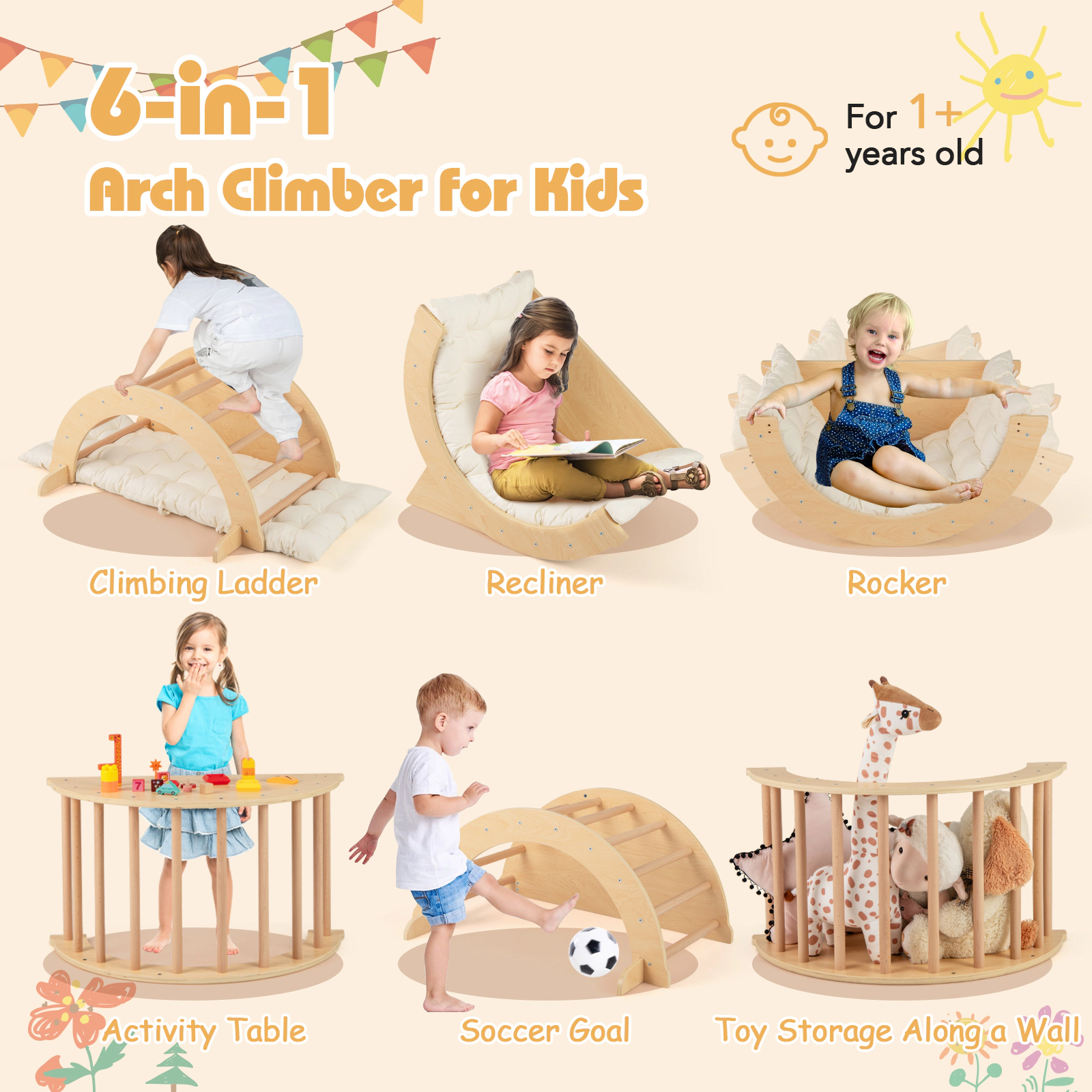 SUGIFT Beige Removable Cushion 31.5 Inch Kids Montessori Climbing Arch and Rocker