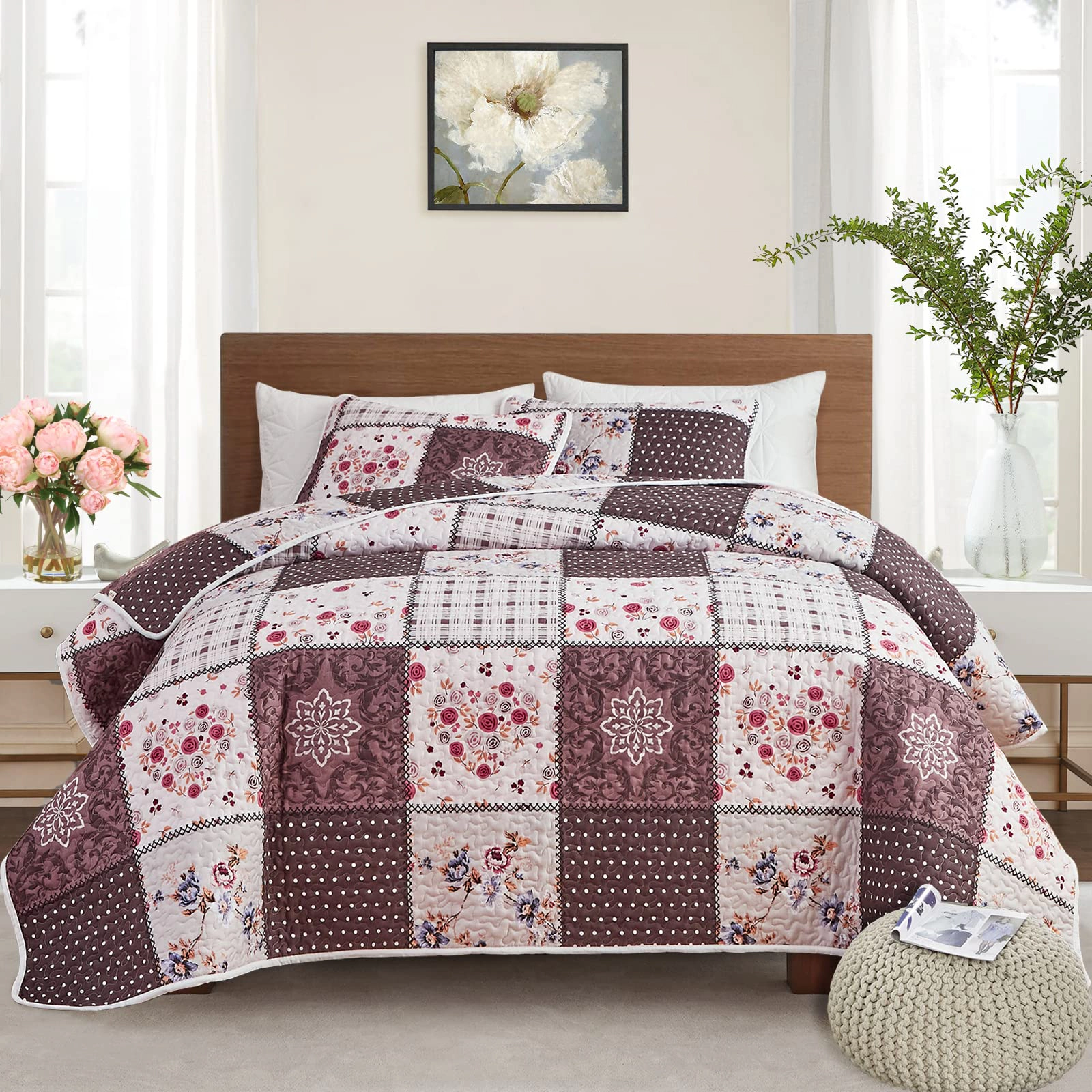 Patchwork Quilt Set California King  3 Pieces Green Flplaid Summer Bedspread Coverlet Softfiber Lightweight Be