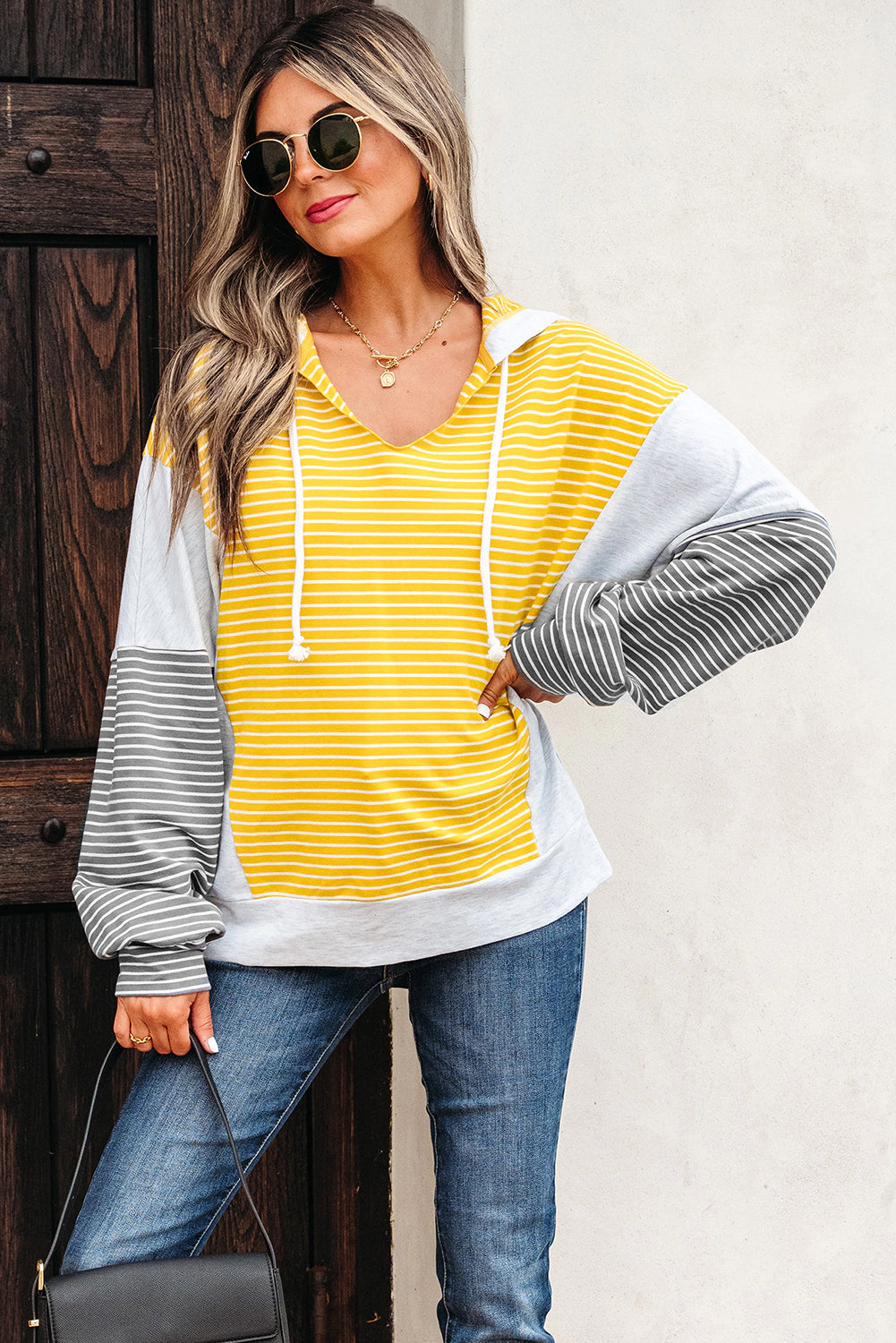 Threaded Pear Women's Margot Stripe Drawstring Loose Fit Hooded Top