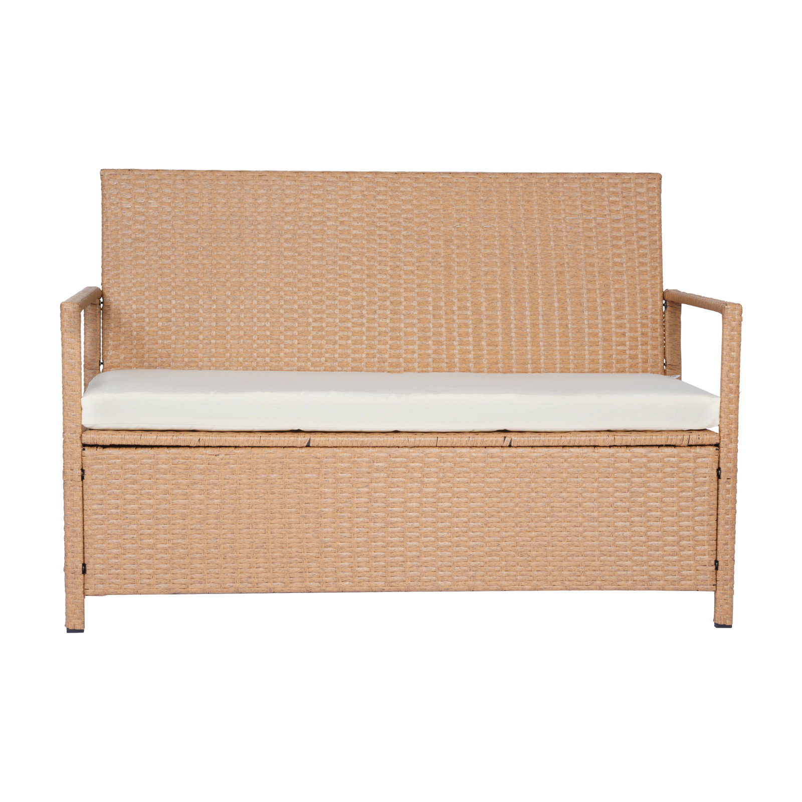 HONGGE Outdoor Storage Bench 2-Person PE Rattan Storage Bench Deck Box with Cushion Supports Weatherproof Outdoor