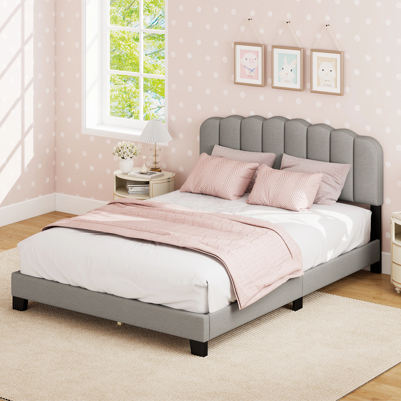 SUGIFT Gray Adjustable Scalloped Tufted Headboard and LVL Slats Queen Size Bed Frame