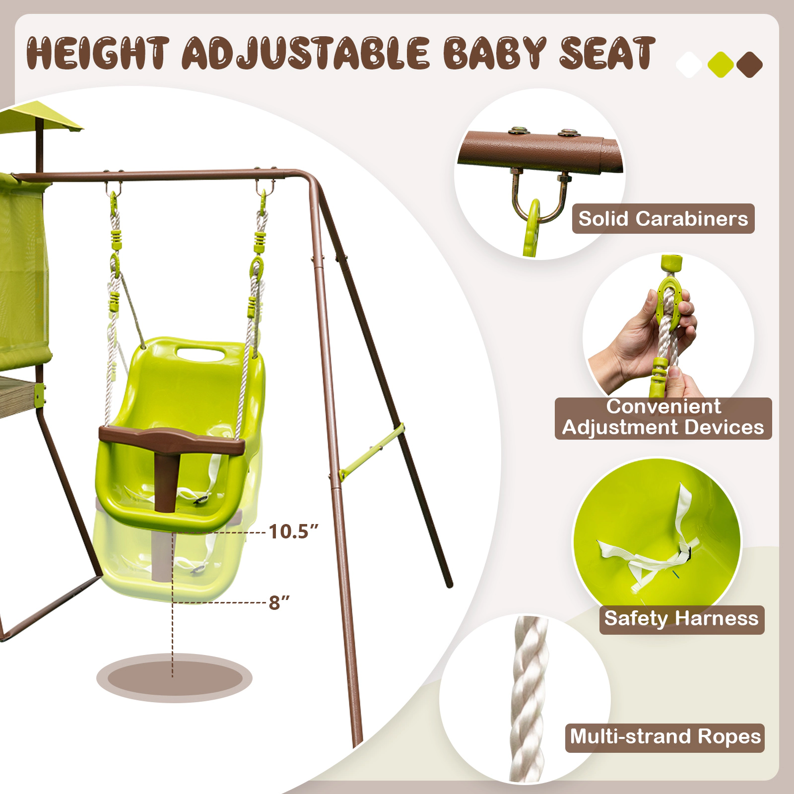 SUGIFT Kids Green 4-in-1 Swing Set with Playhouse Fort and Slide 7.5-ft W 6.7-ft D 5.5-ft H 200-lb Set Capacity