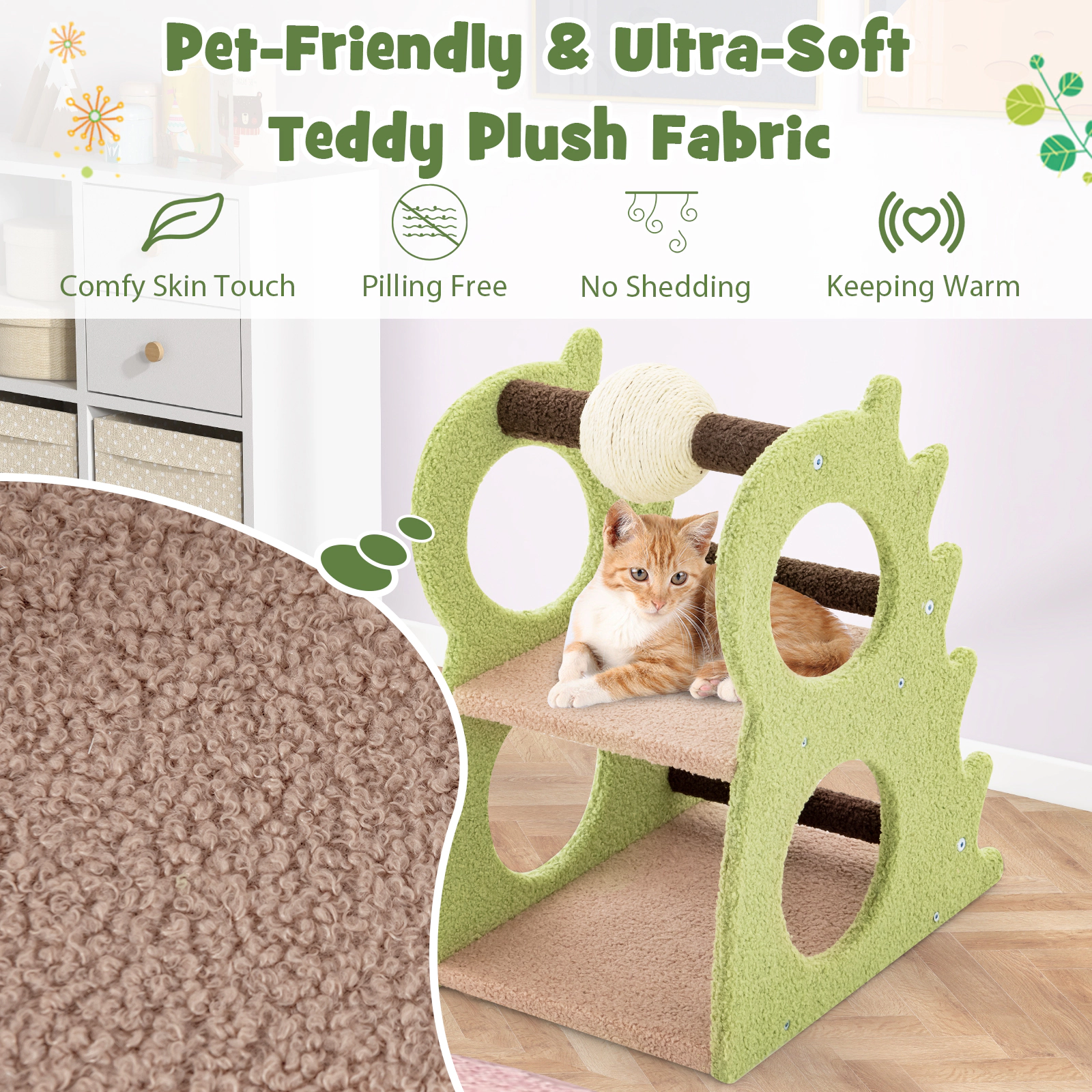 SUGIFT 2-Tier Modern Cat Tree for Indoor Cats with Rotatable Sisal Scratching Ball 22-lb Capacity Green+Beige