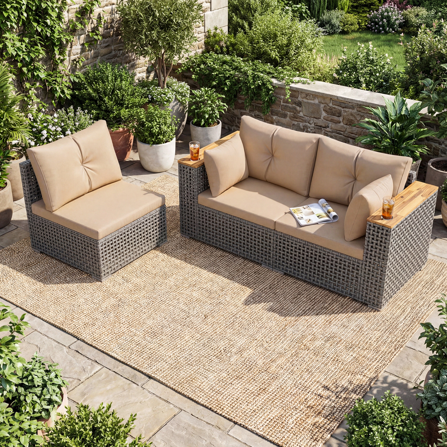 LJG Patio Wicker Sectional Furniture Set with 1 Armless and 2 Corner Sofas for Garden