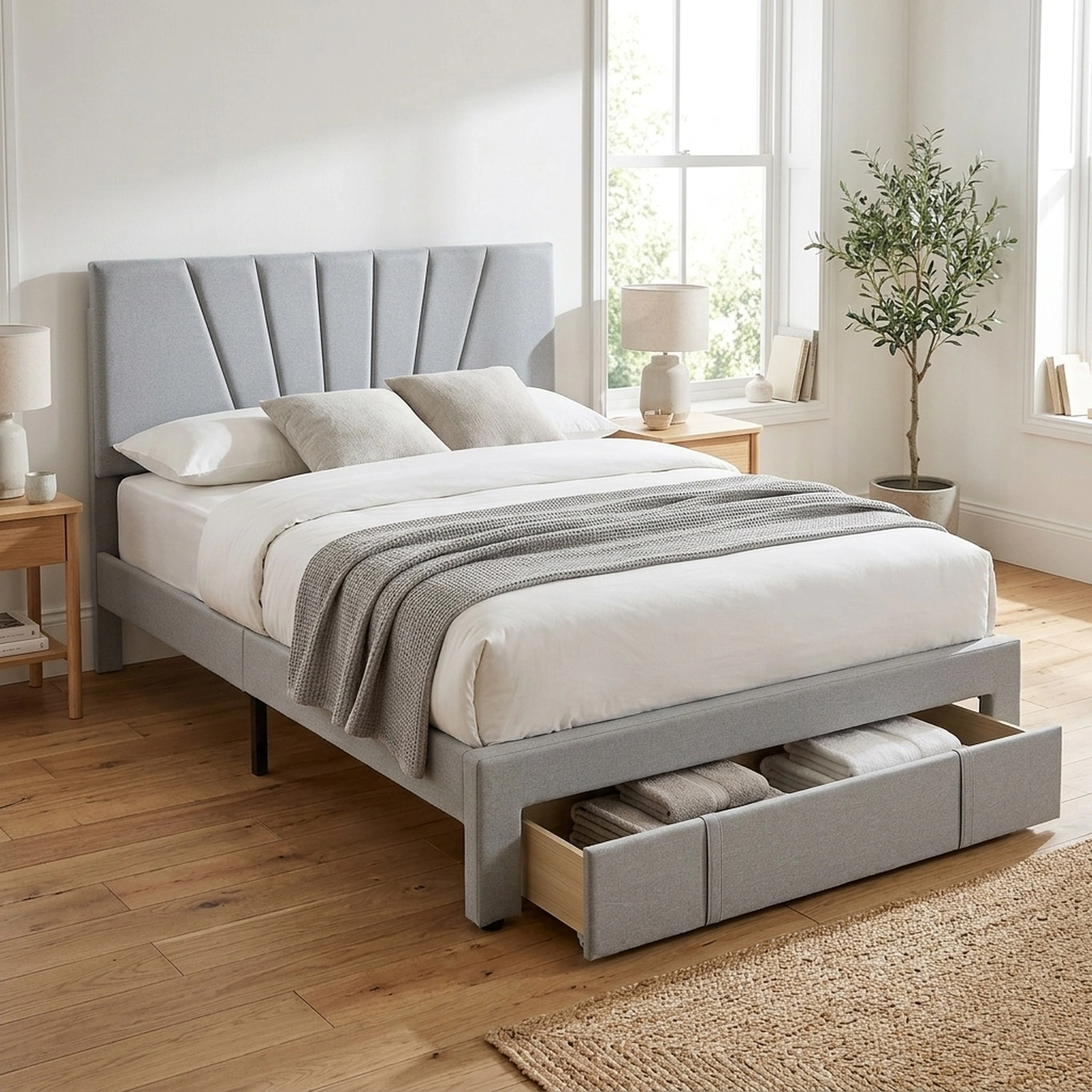 SUGIFT Queen Upholstered Platform Bed with Storage Drawer, Gray Linen Headboard
