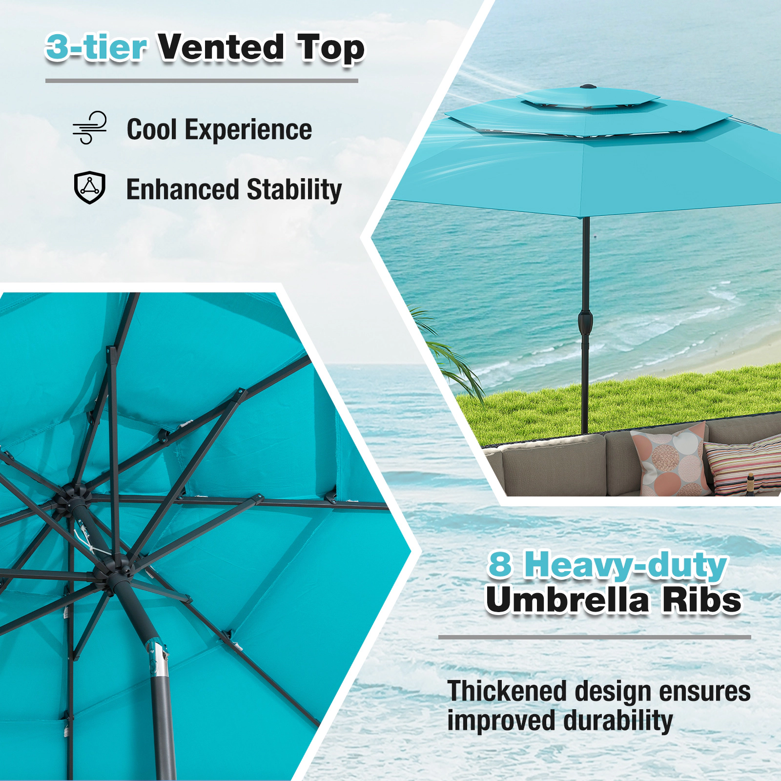 SUGIFT 10-ft Turquoise 3-Tier Vented Patio Umbrella with Crank Lift Tilt Button and 8 Thickened Ribs