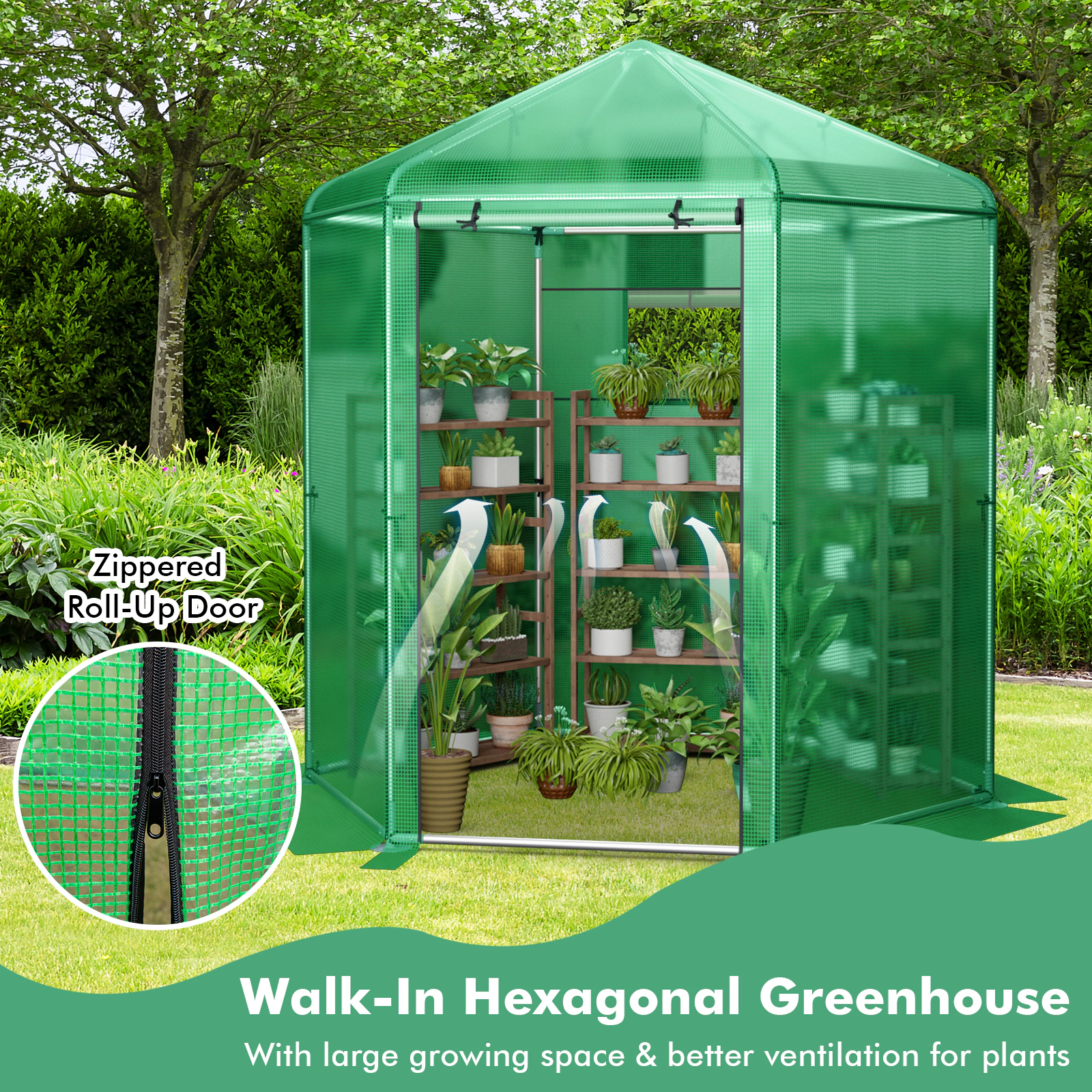 SUGIFT Walk-In Hexagonal Greenhouse Green 85 x 72 x 90 in with PE Cover and Metal Frame