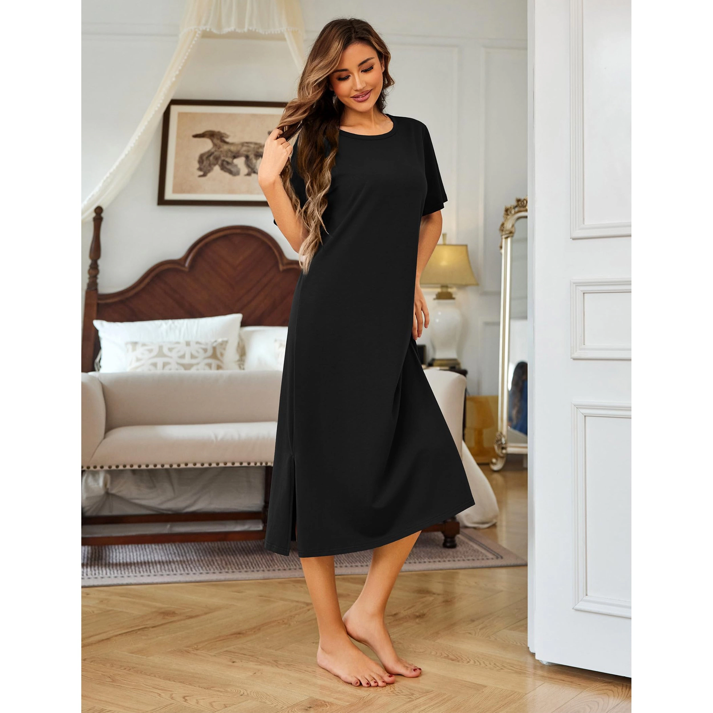 Ekouaer Cotton Short Sleeve Long Night Gown