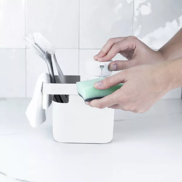 OU 22oz Soap Dispenser w/ Sponge & Dish Brush Holder Organizer w/ Drainage, Soap Pump Compatible w/ Gel & Dish Soaps