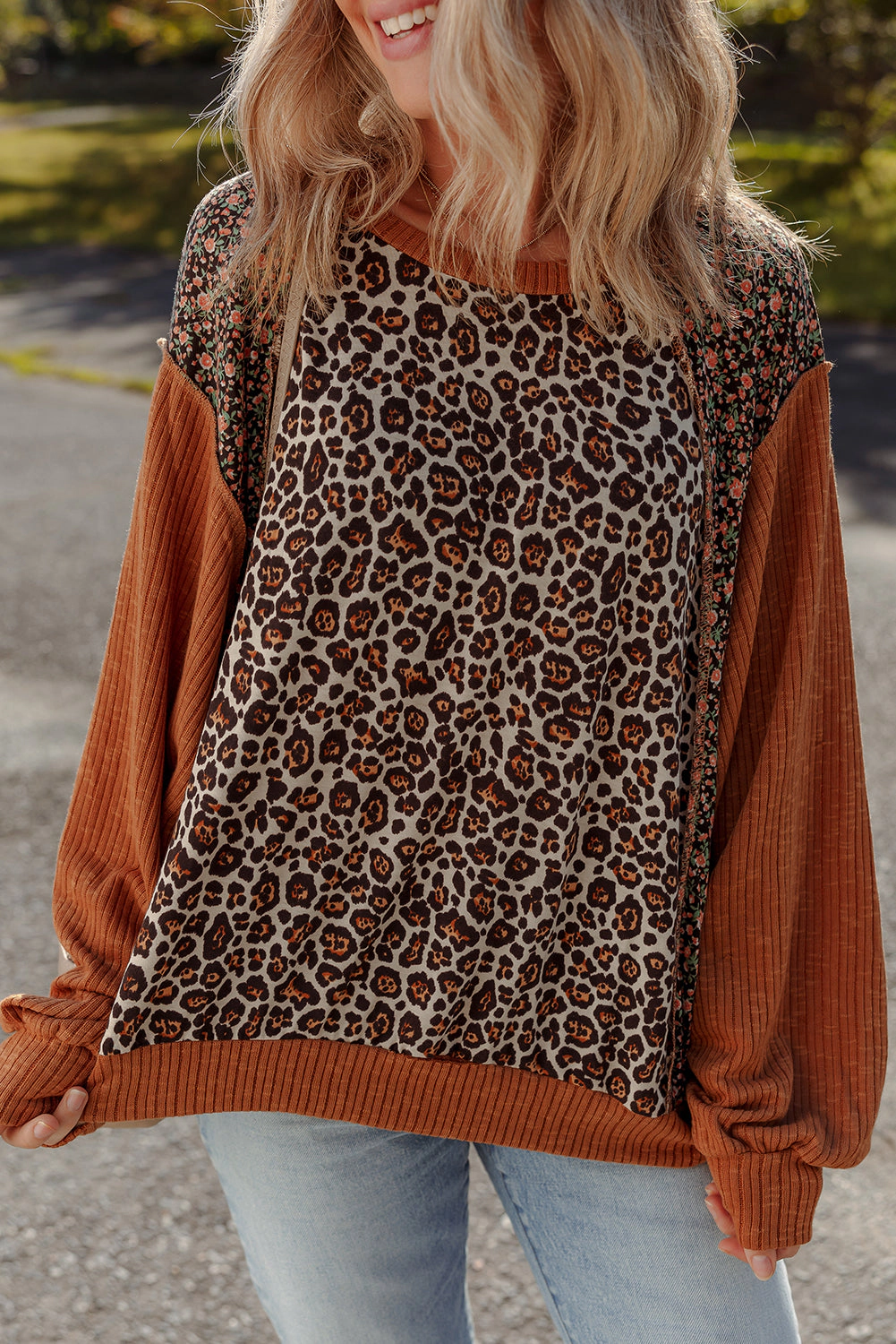 Threaded Pear Women's Natalie Leopard & Floral Patchwork Loose Top