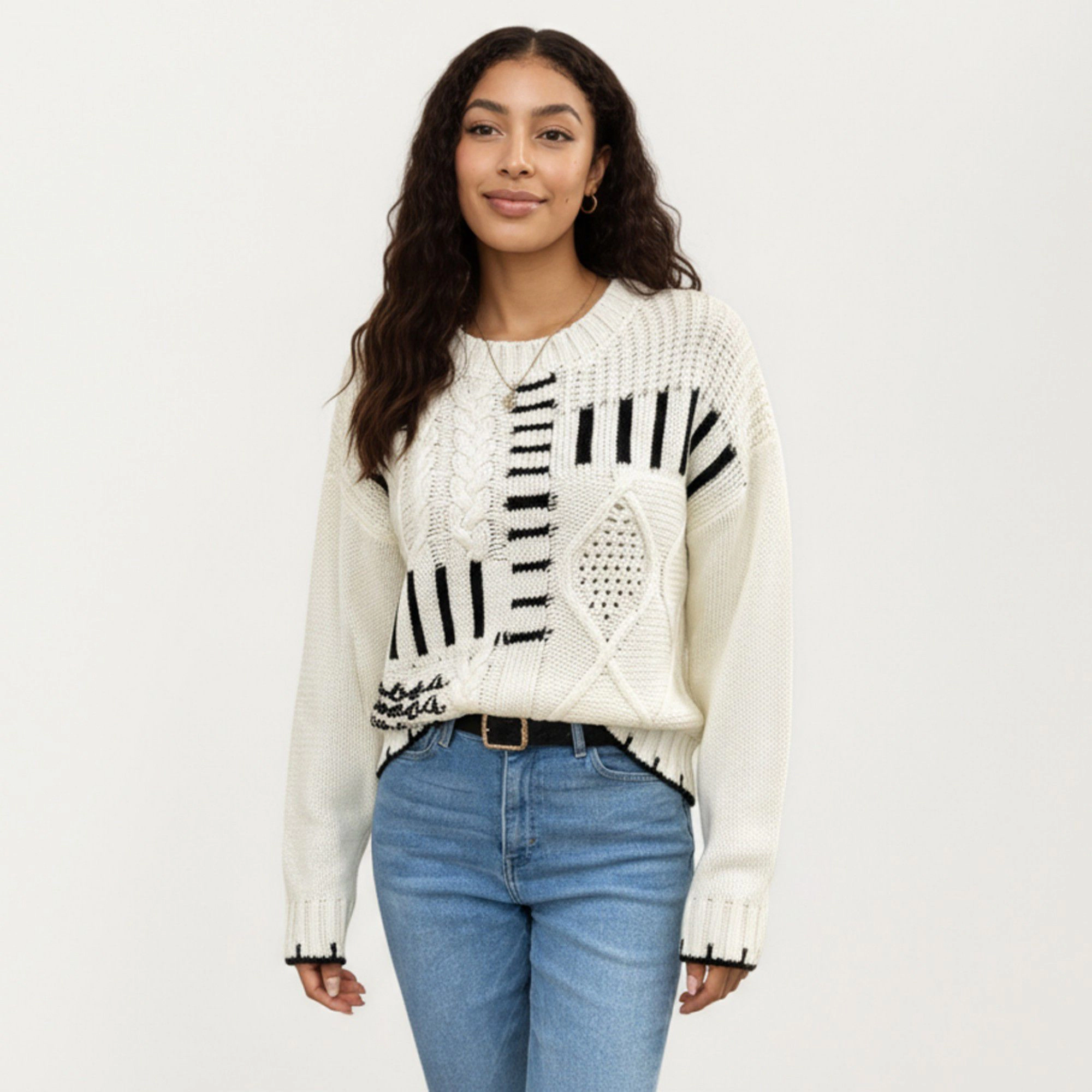 Anna-Kaci Women's Patchwork Cable Knit Sweater with Contrast Stitching Ribbed Trim