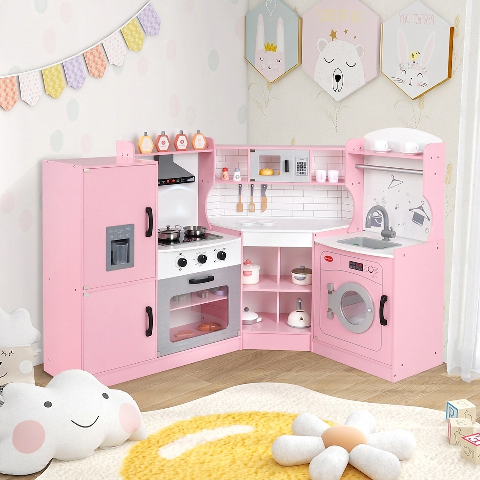 Corner Kids Play Kitchen with Washing Machine Ice Maker Towel Rack and Dual Counter Heights for Ages 3-10 Pink
